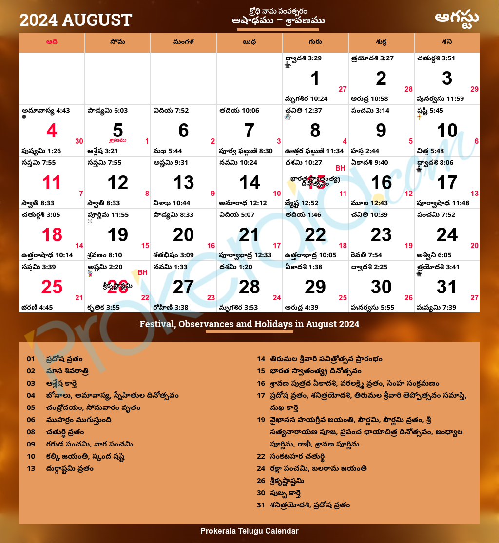 Telugu Calendar 2024, August throughout Telugu Calendar 2024 August