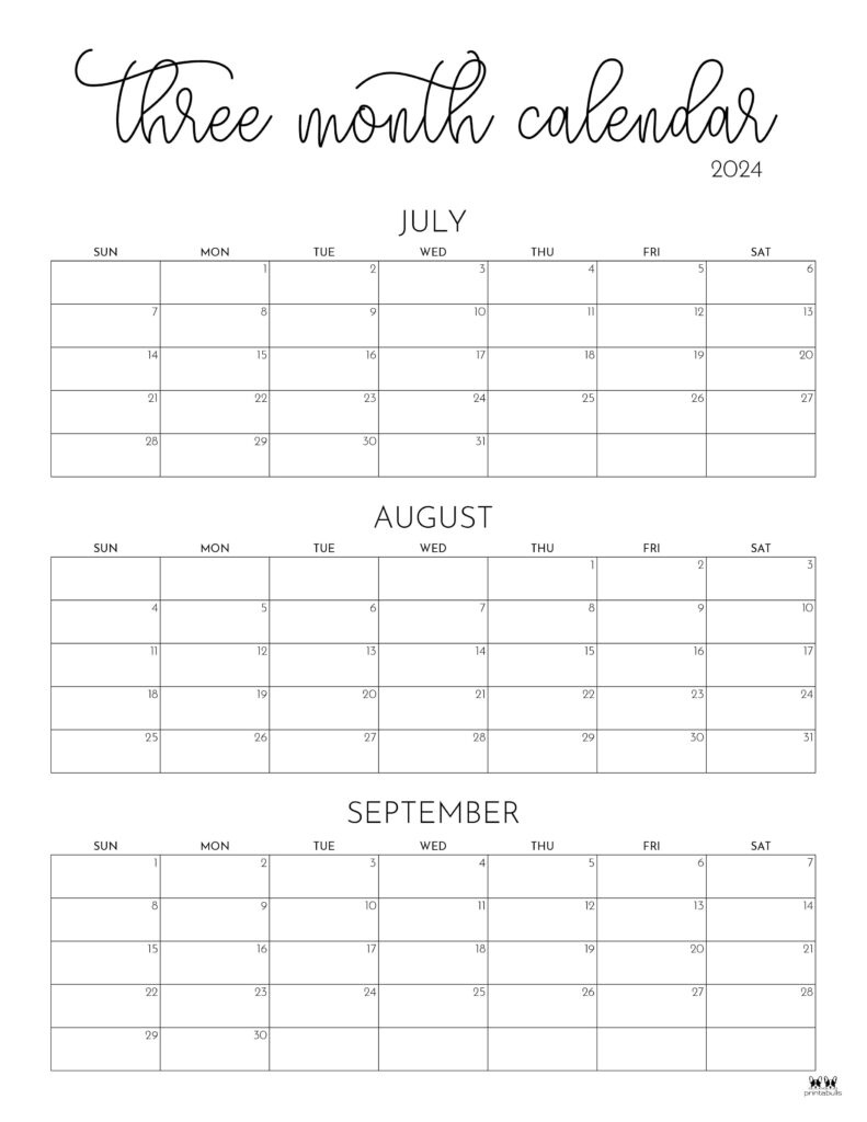 Three Month/Quarterly Calendars - 36 Free Calendars | Printabulls for July August September Calendar 2024