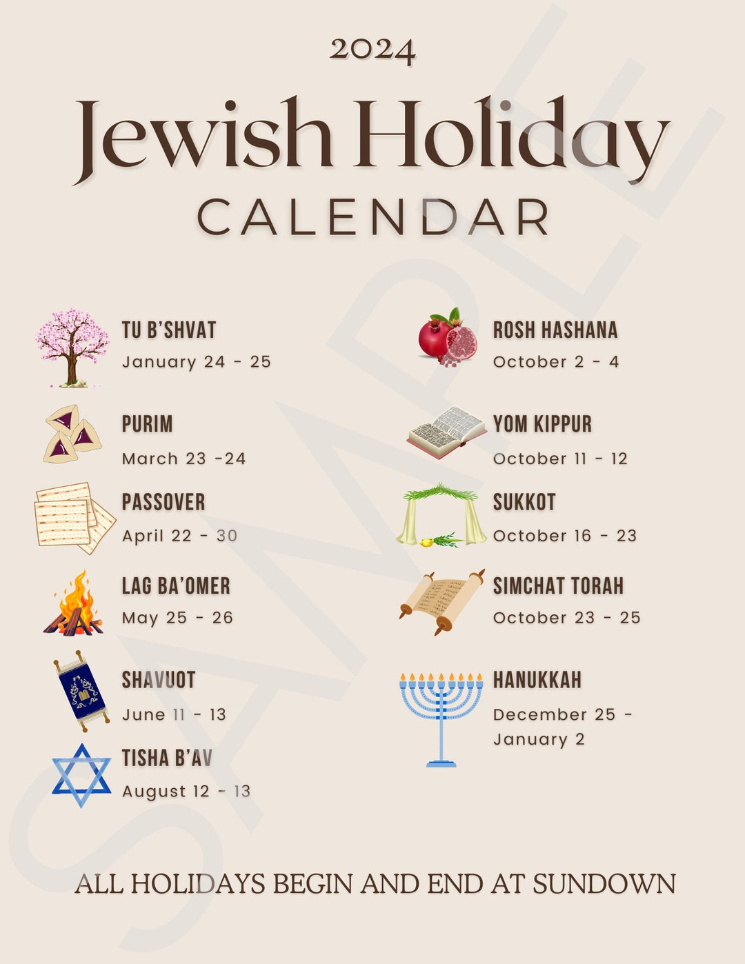 2024 Jewish Holiday Calendar - Etsy for September 2024 Calendar With Jewish Holidays Printable