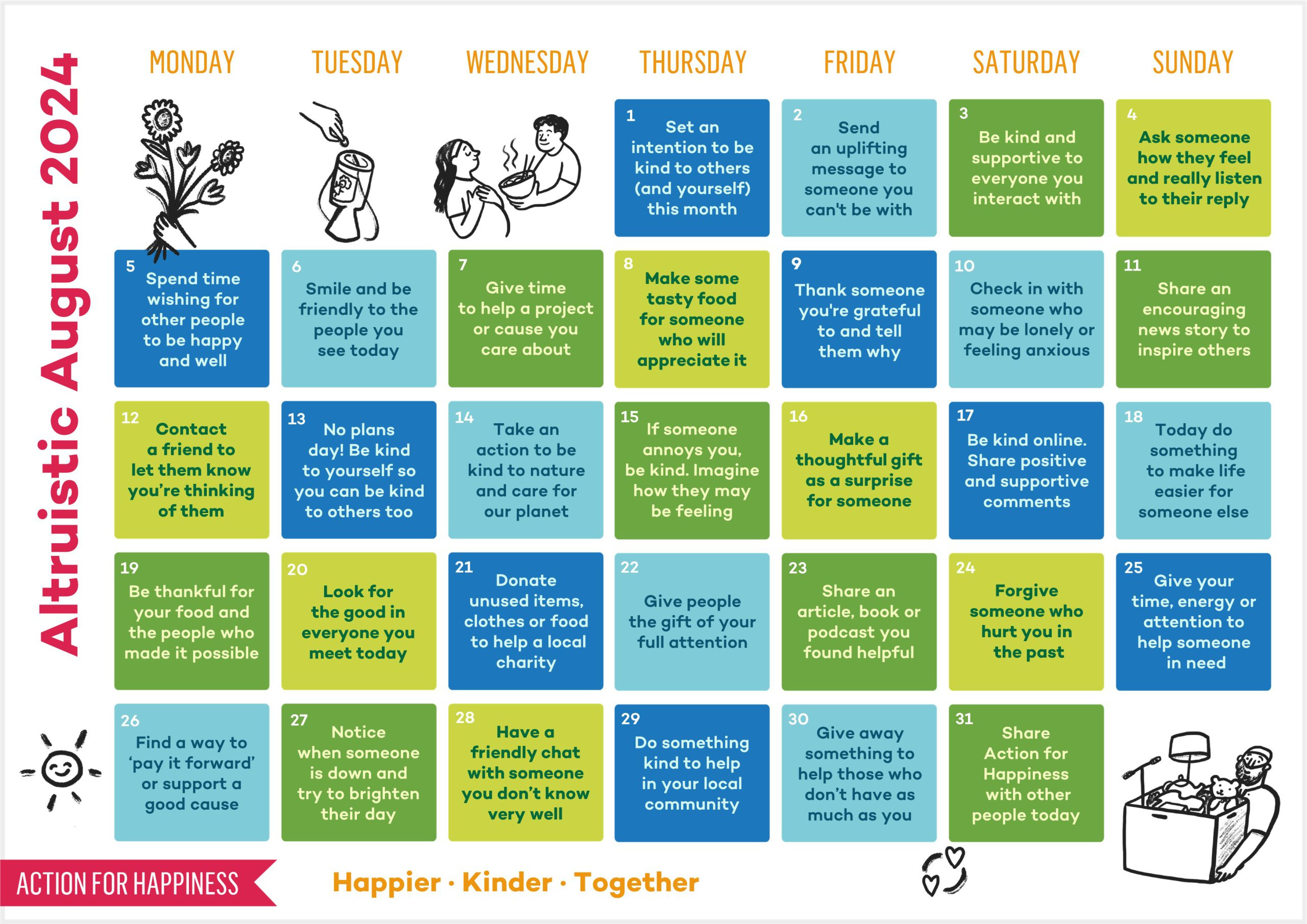 Altruistic August 2024- Action For Happiness Calendar | B Well Belfast inside Action For Happiness Calendar September 2024