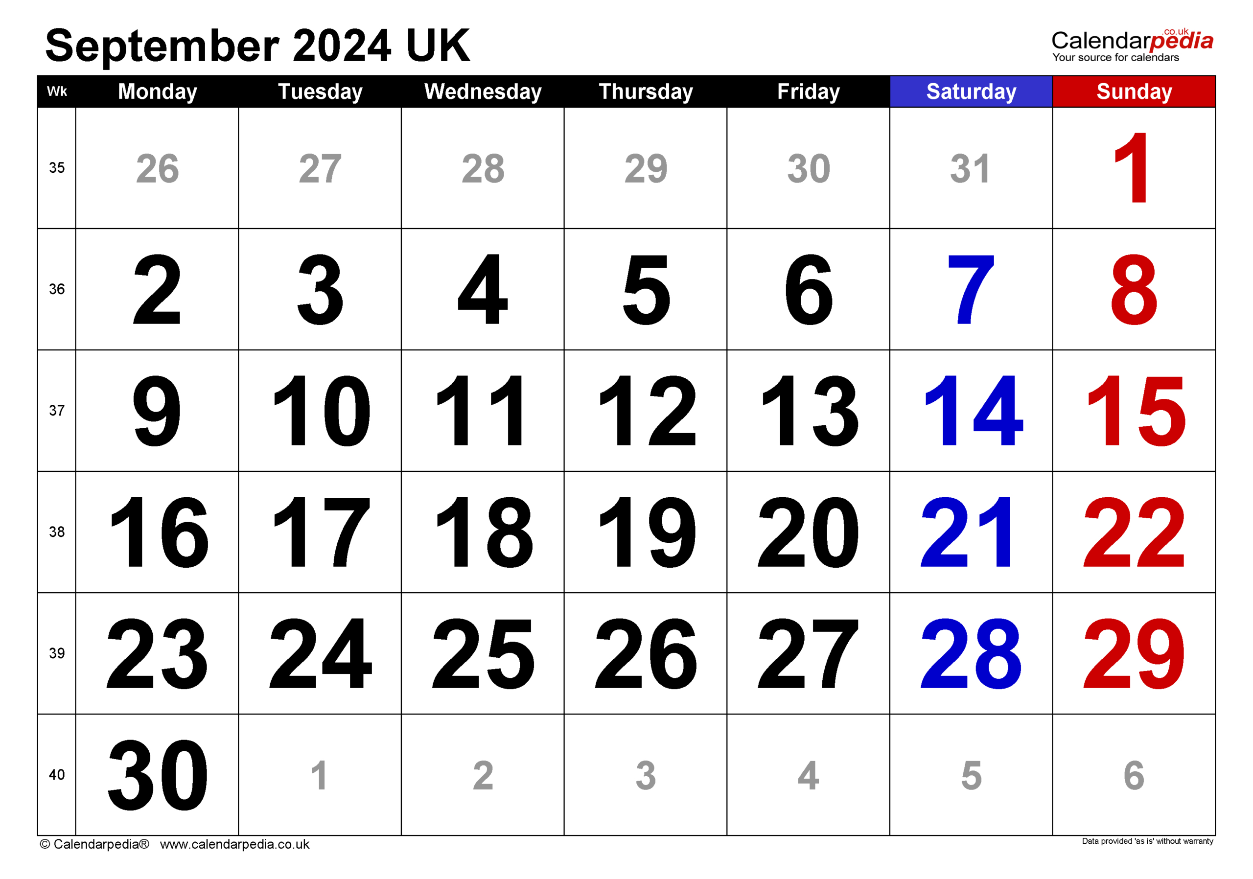 Calendar September 2024 Uk With Excel, Word And Pdf Templates regarding Printable Calendar September 2024 Uk