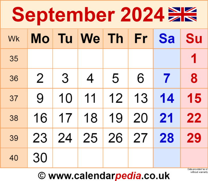 Printable Calendar September 2024 Uk