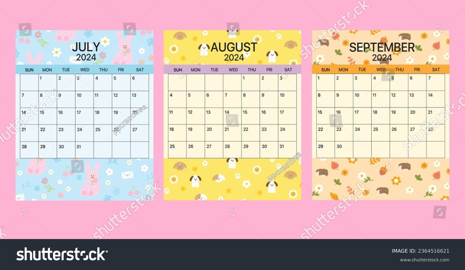 Cute 2024 Juli, August Und September: Stock-Vektorgrafik in July August and September 2024 Calendar