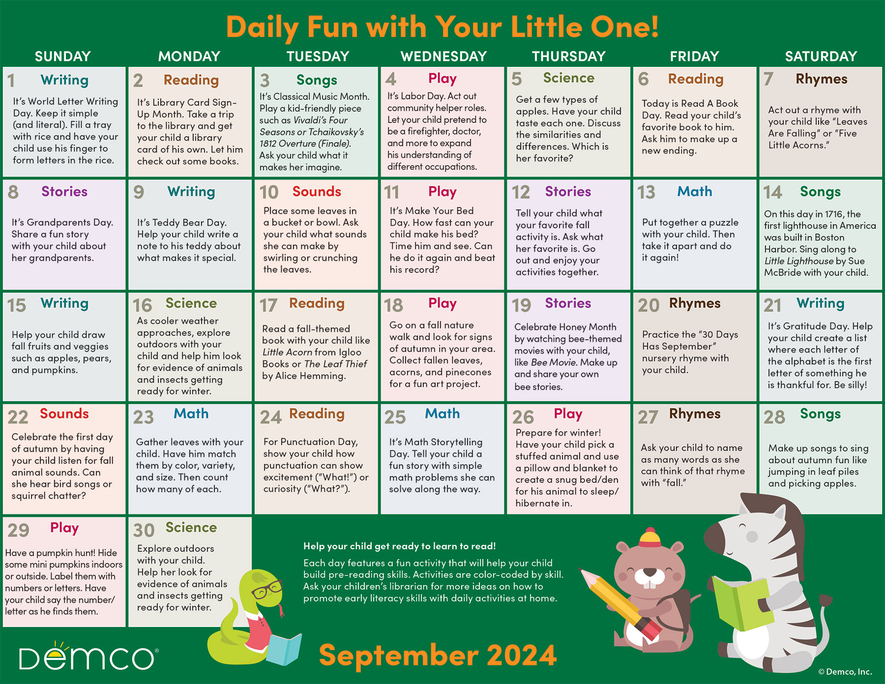 Early Literacy Activities — September 2024: Activities, Books, And intended for Activity Calendar for September 2024