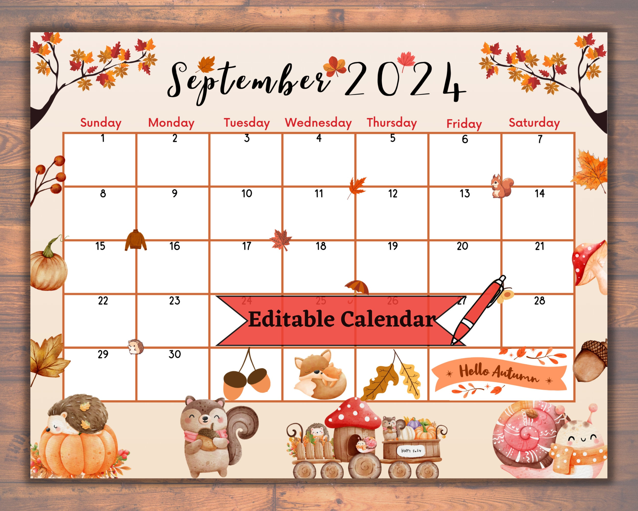 Editable Fillable September 2024 Calendar For Autumn, Fall, Back with regard to September 2024 Calendar Ideas