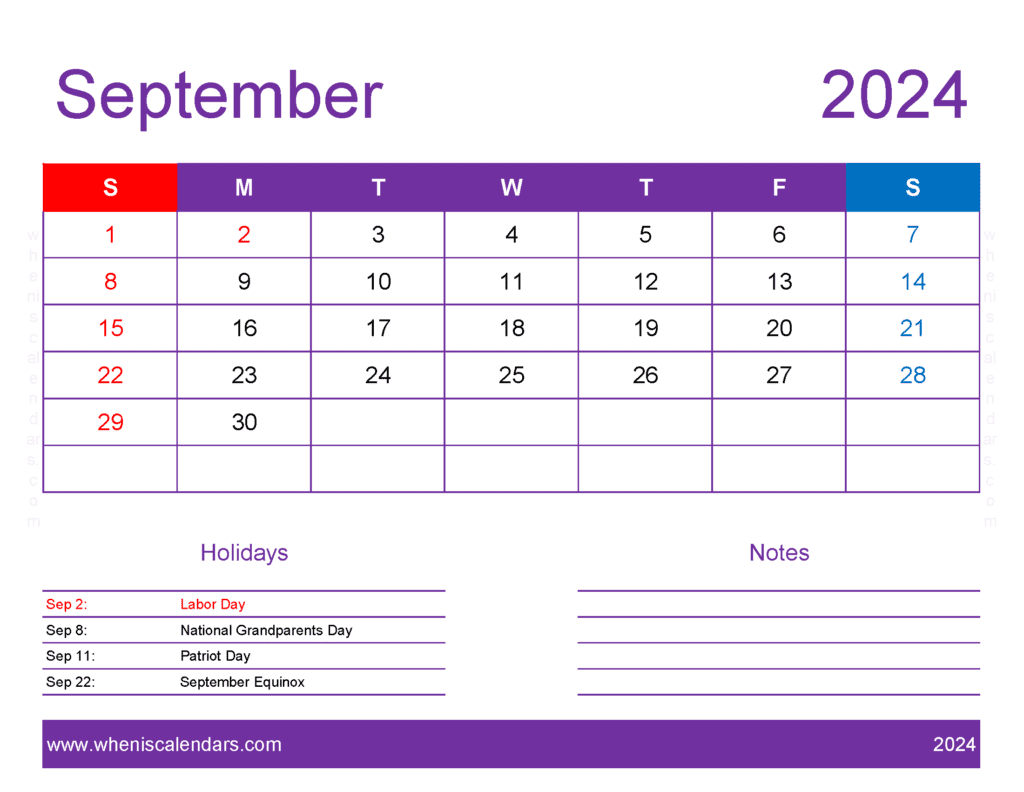 Free Printable 2024 Monthly Calendar With Holidays for September Waterproof Calendar 2024