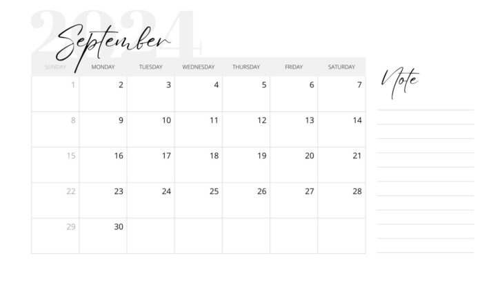 Month of September 2024 Calendar Printable