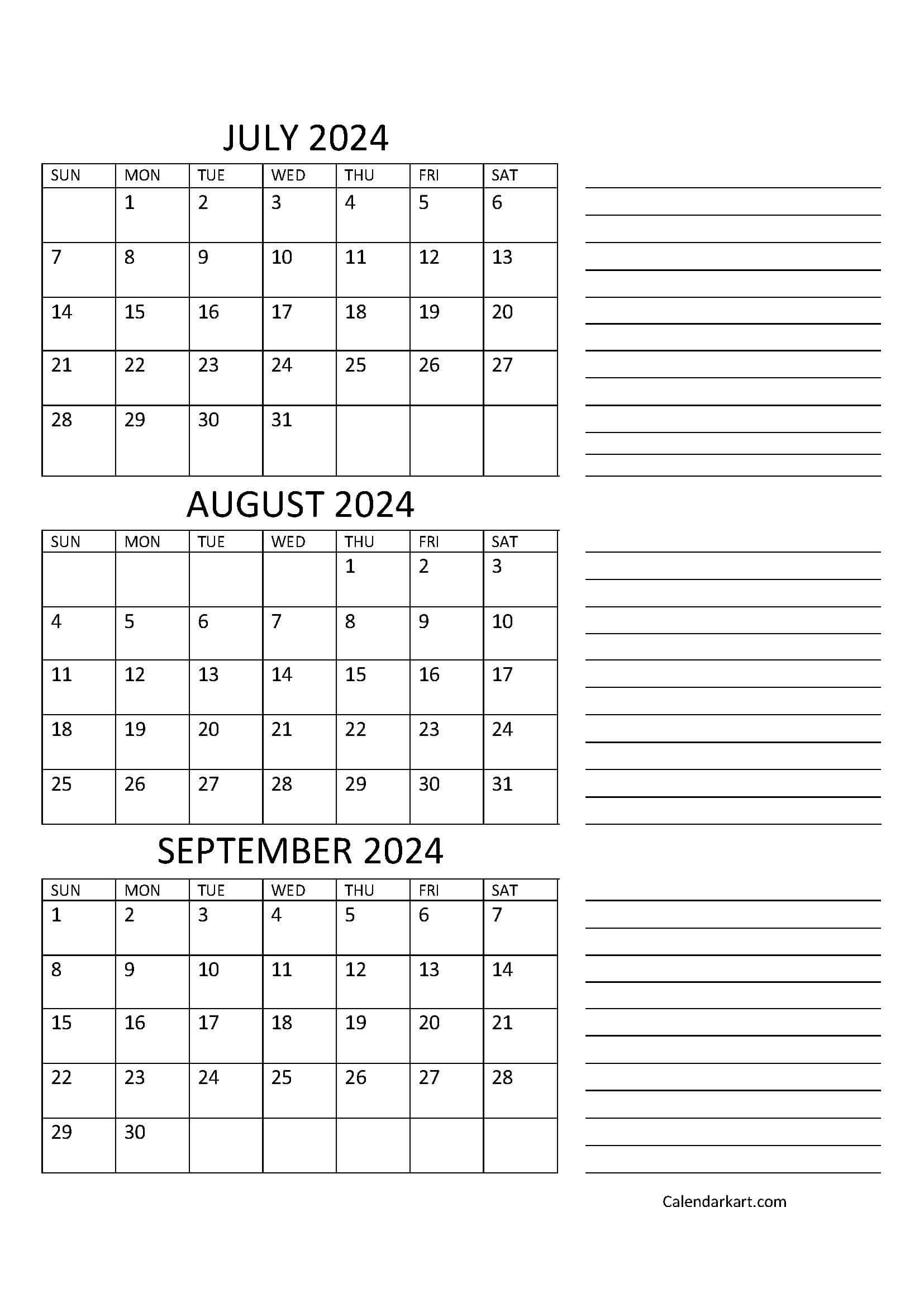 July To September 2024 Calendar (Q3) - Calendarkart in Calendar July August September 2024