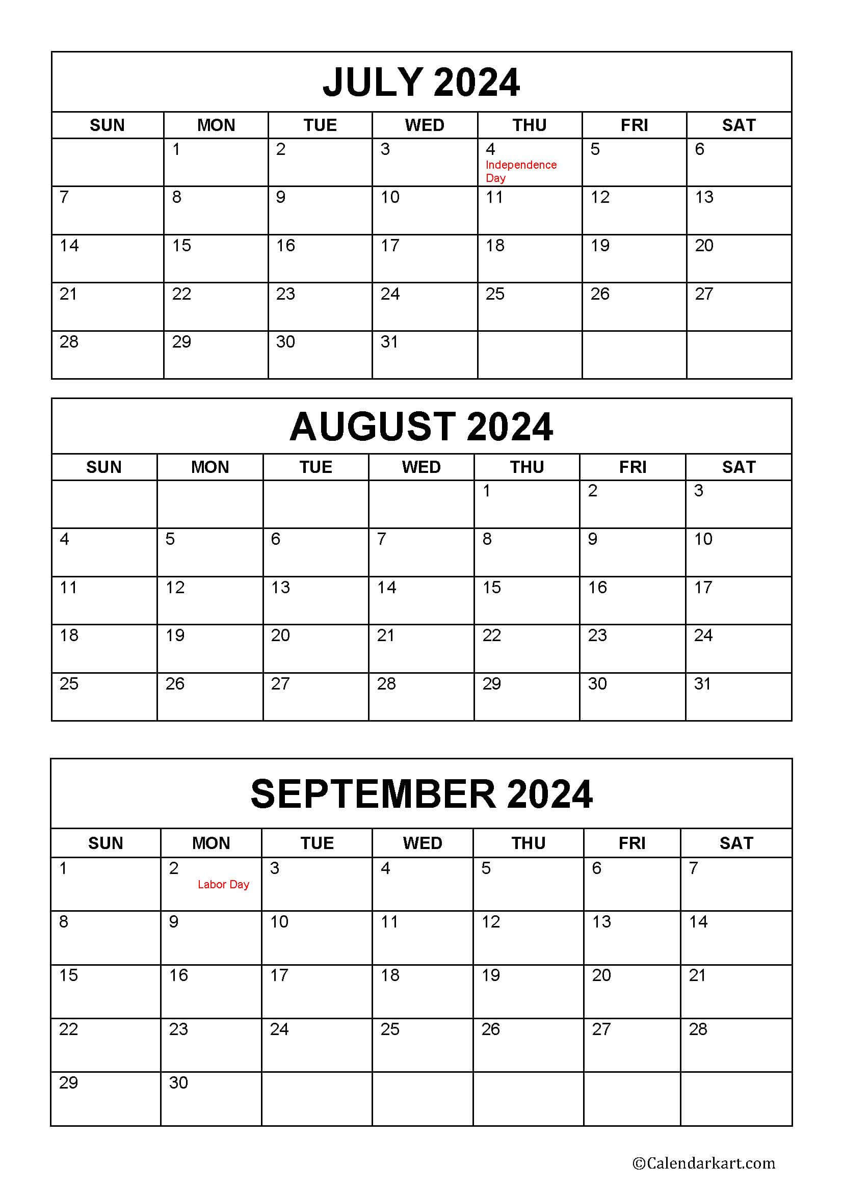 July To September 2024 Calendar (Q3) - Calendarkart in July To September Calendar 2024