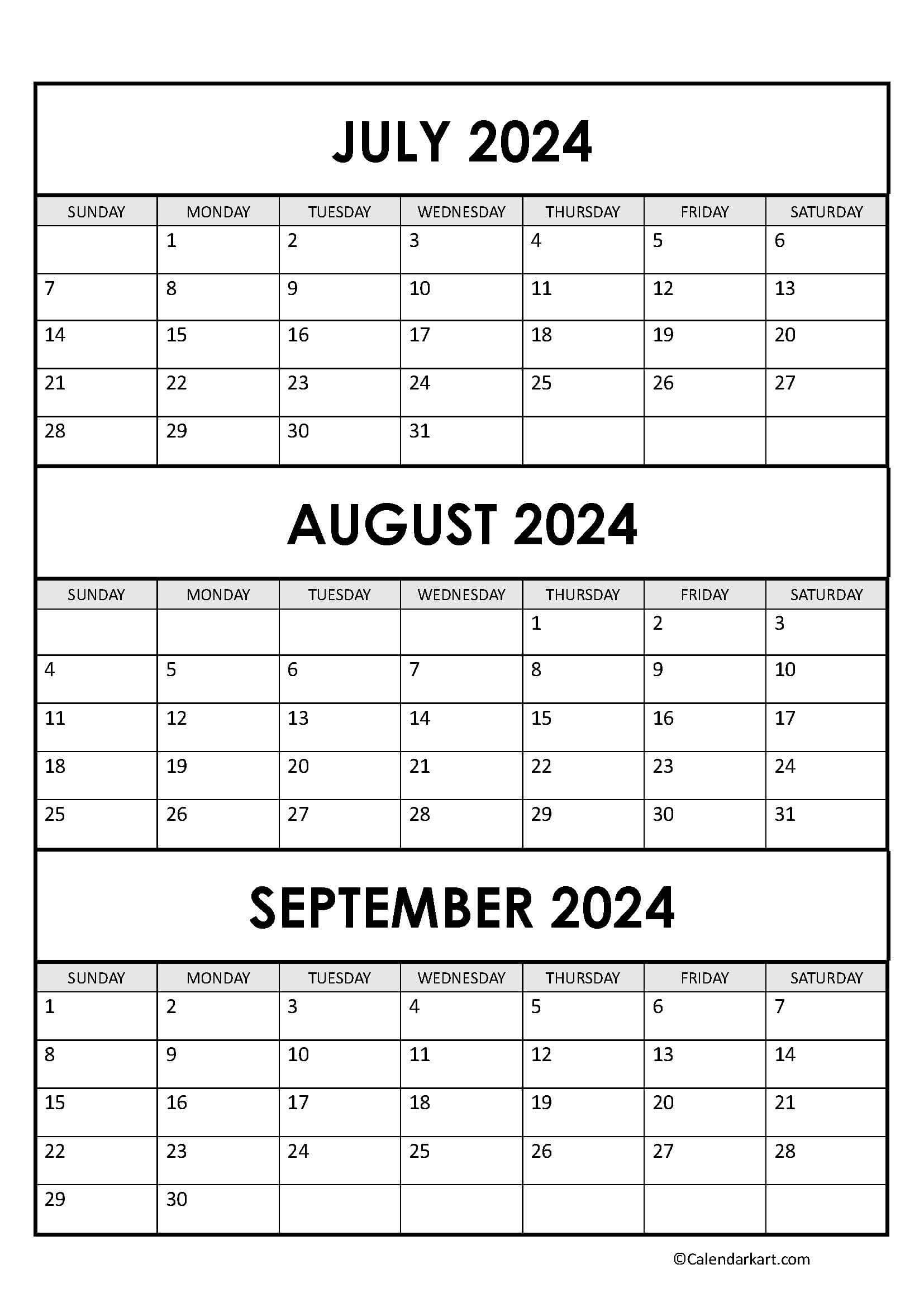 July To September 2024 Calendar (Q3) - Calendarkart with 2 Month Calendar August September 2024