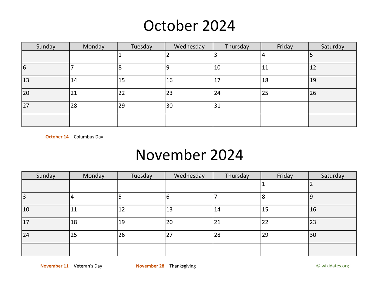 October And November 2024 Calendar | Wikidates throughout Calendar September October November 2024