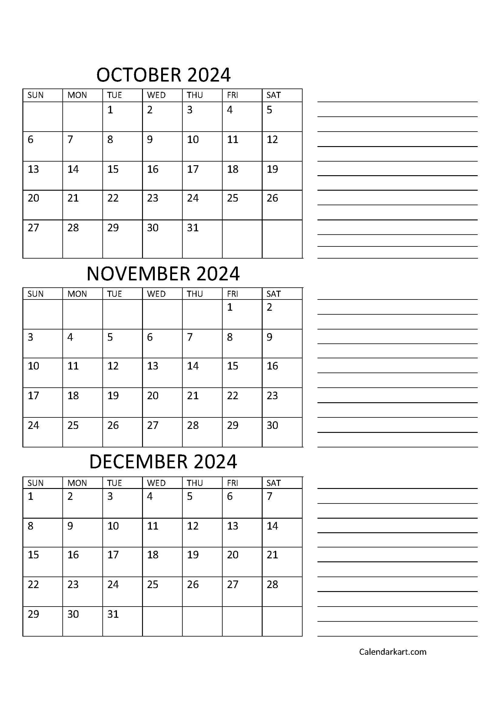 October To December 2024 Calendar (Q4) - Calendarkart in September October and November 2024 Calendar