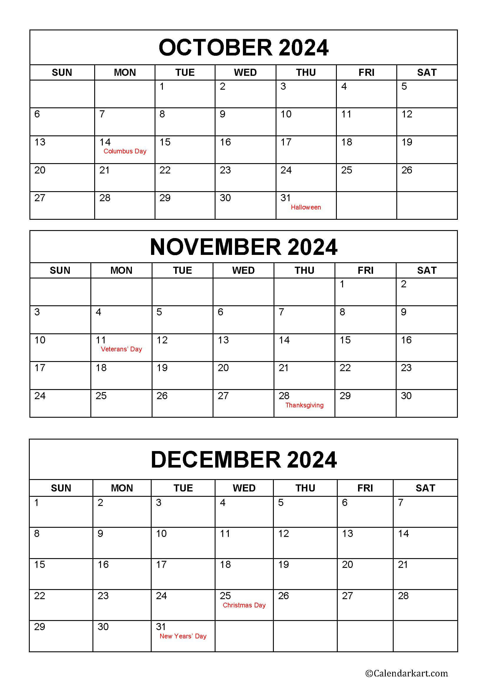 October To December 2024 Calendar (Q4) - Calendarkart intended for Calendar 2024 September October November December