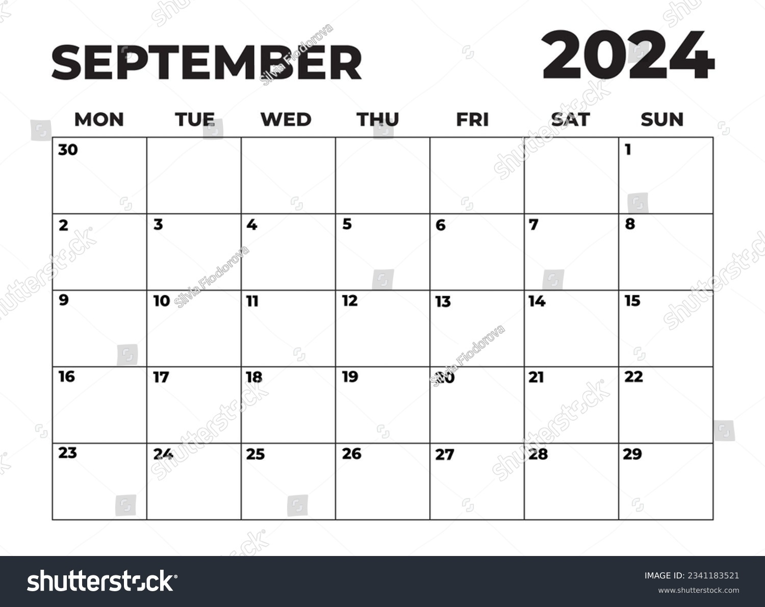 September 2024 Black White Monday Start Stock Illustration intended for September 2024 Calendar Monday Start