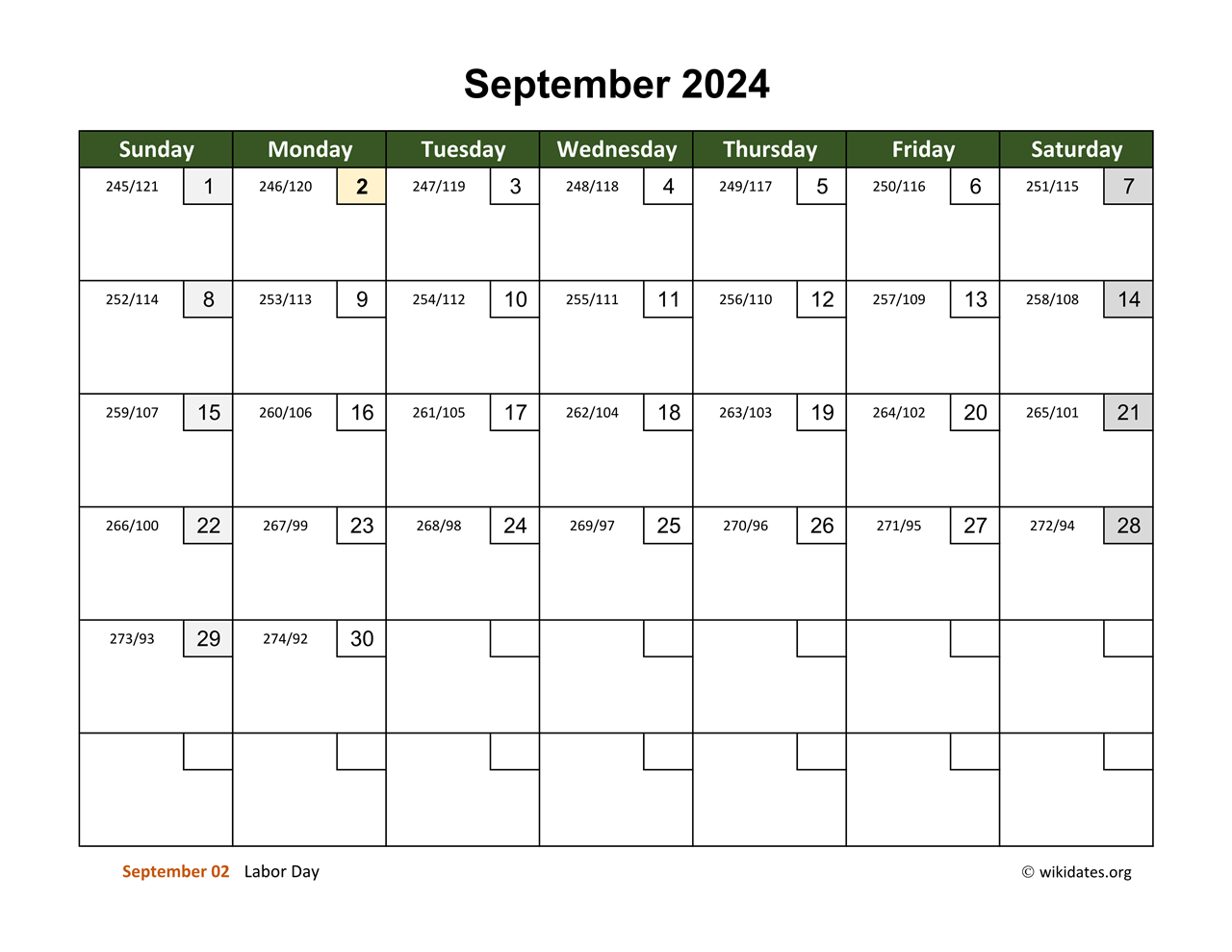 September 2024 Calendar With Day Numbers | Wikidates throughout National Day Calendar For September 2024