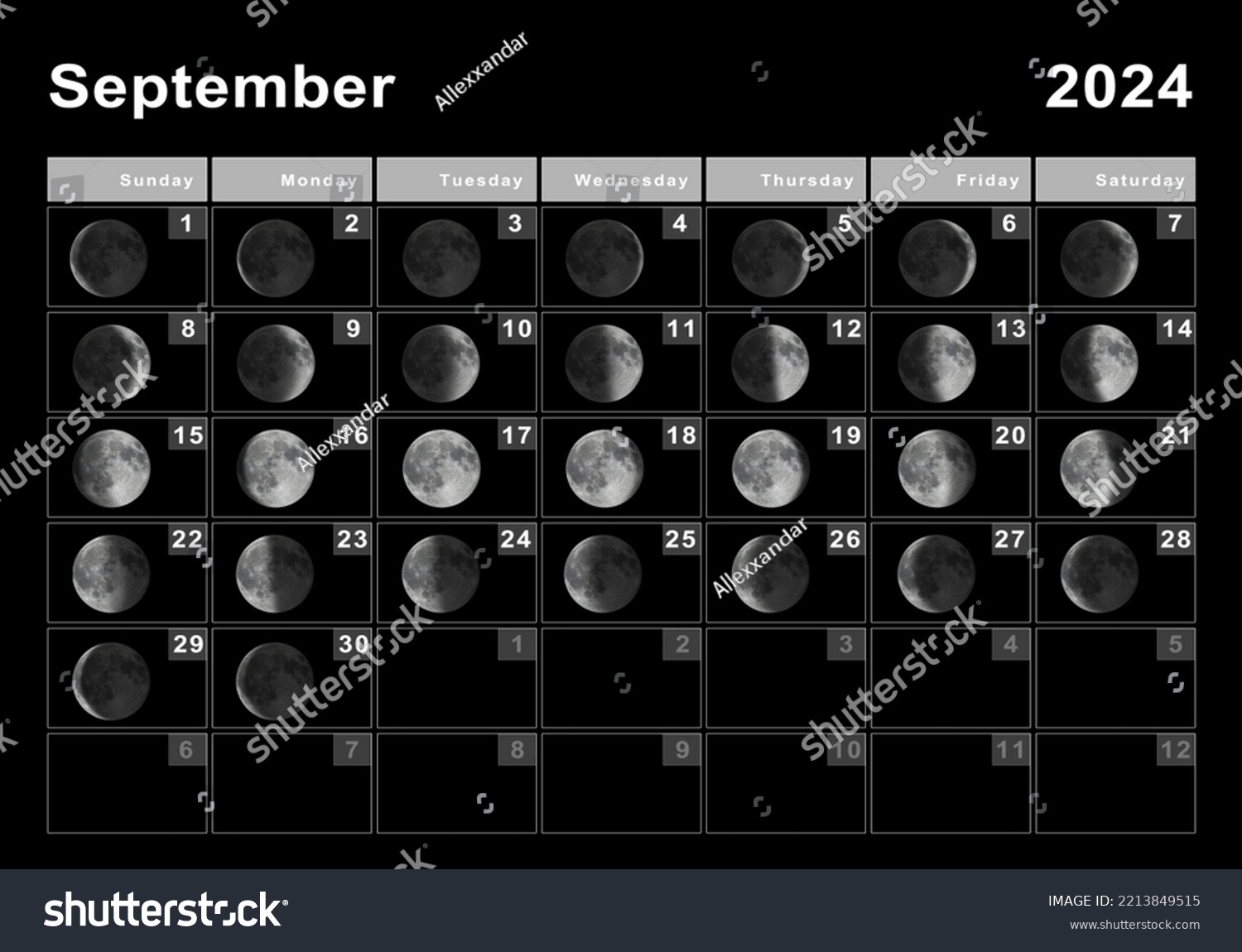 September 2024 Mondkalender, Mondzyklen, Mondphasen in Lunar Calendar September 2024