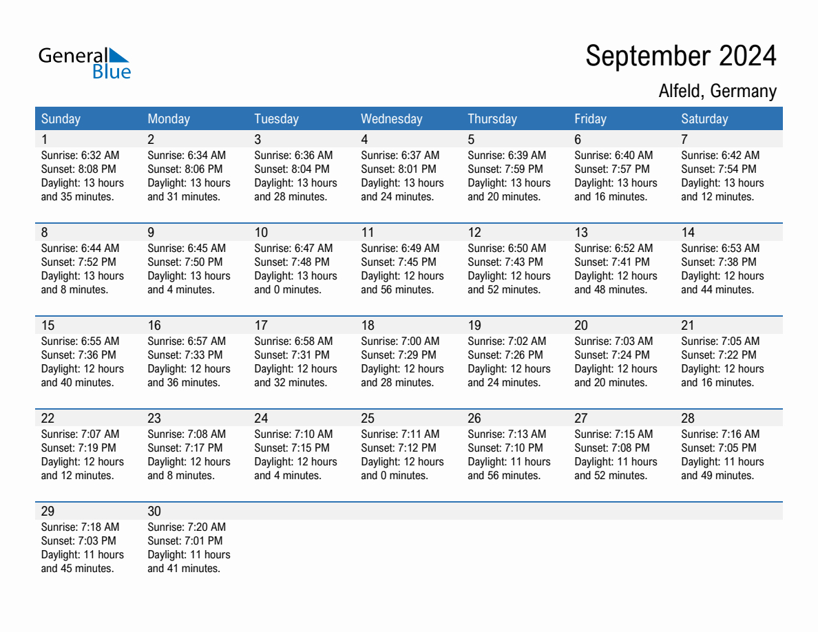 September 2024 Sunrise And Sunset Calendar For Alfeld (Pdf, Excel throughout September 2024 Calendar Weather