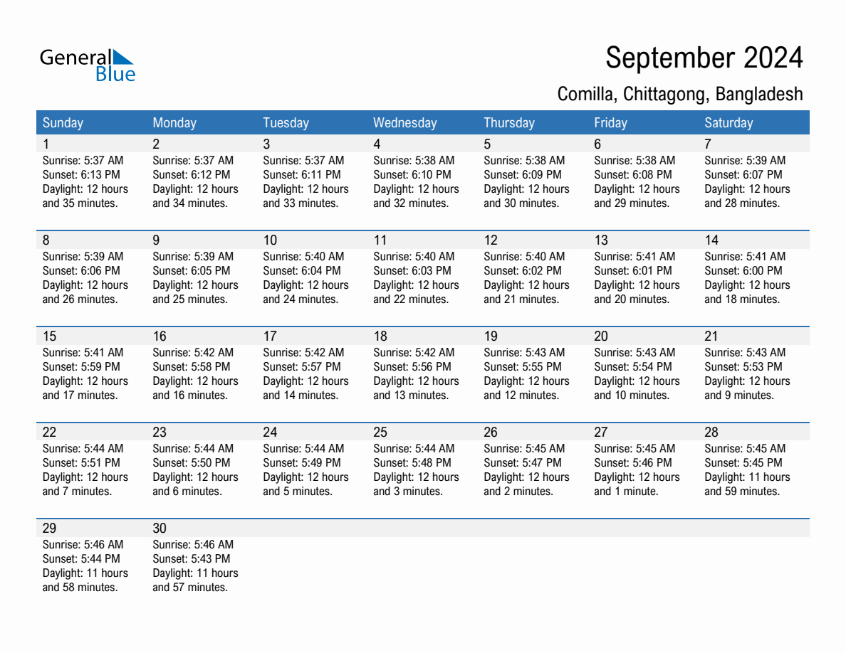 September 2024 Sunrise And Sunset Calendar For Comilla (Pdf, Excel for Weather Calendar for September 2024