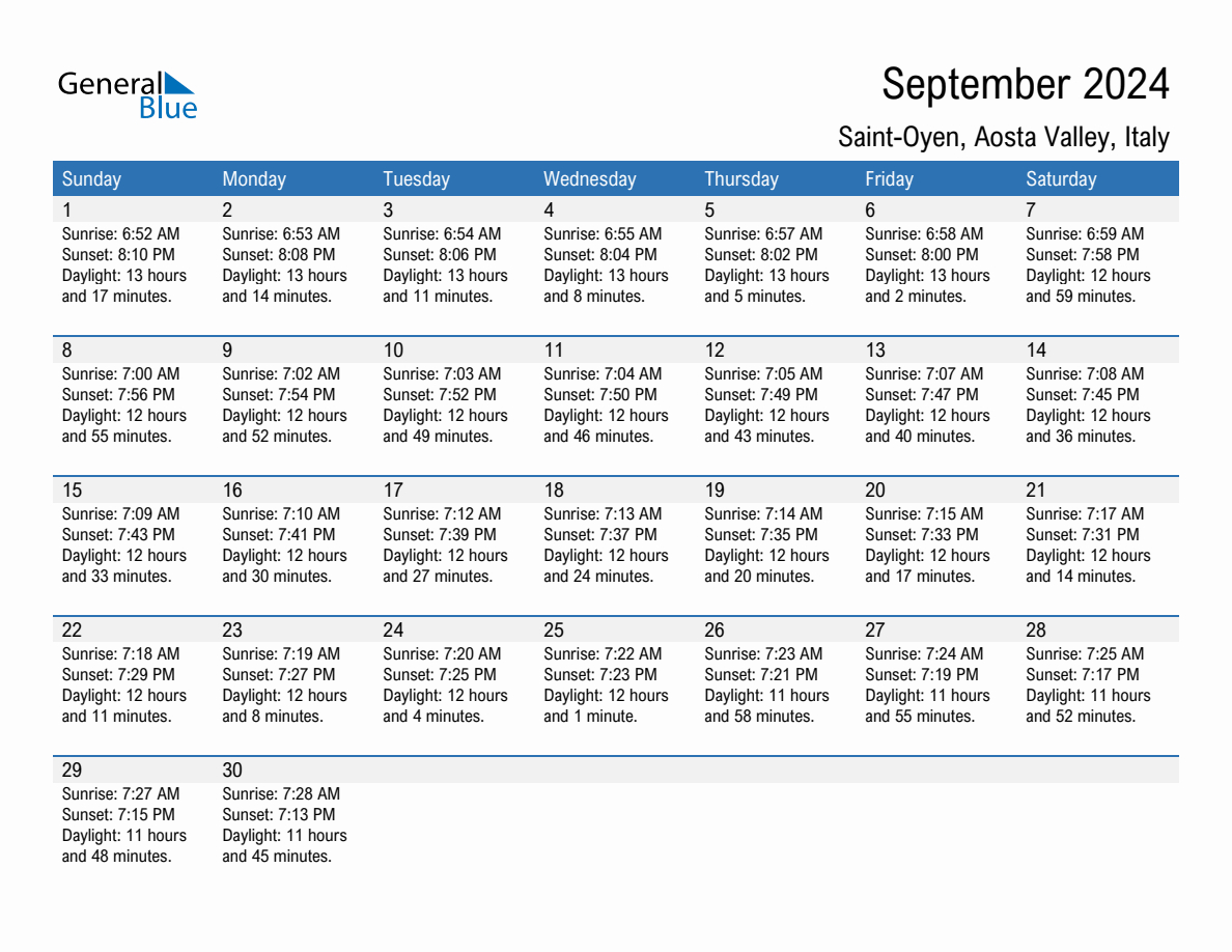 September 2024 Sunrise And Sunset Calendar For Saint-Oyen (Pdf within September Saints Calendar 2024