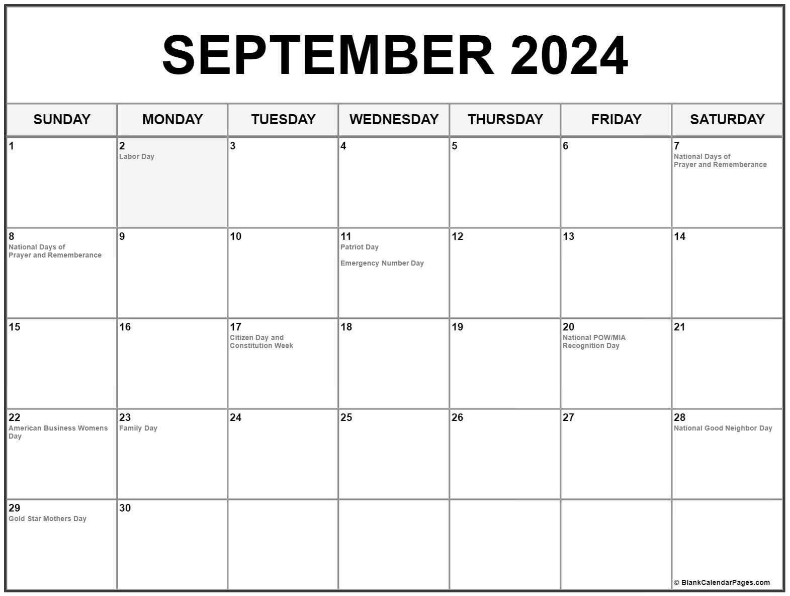 September 2024 With Holidays Calendar for September 2024 Calendar Events