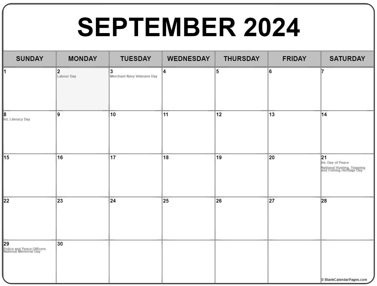 September 2024 With Holidays Calendar regarding September 2024 Calendar Canada