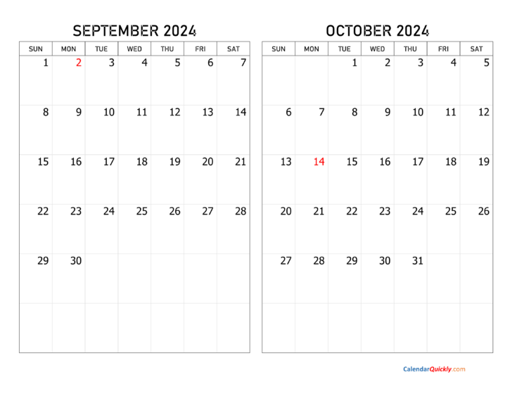 September and October Calendar 2024