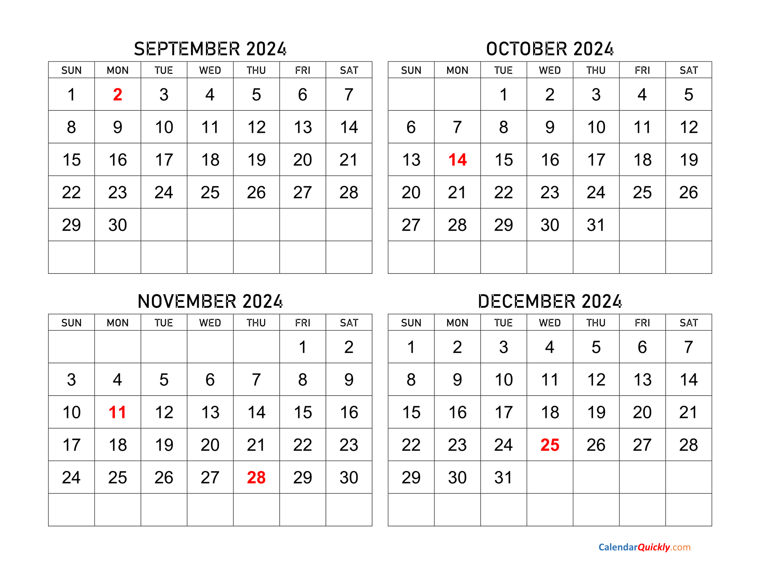 September To December 2024 Calendar | Calendar Quickly with Printable Calendar September to December 2024