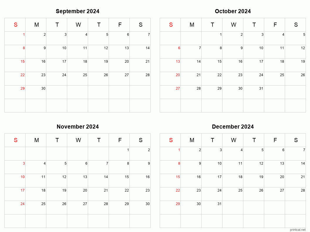 September To December 2024 Printable Calendar | Four Months Per for September Through December 2024 Calendar