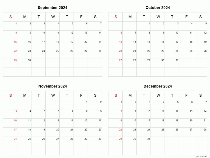 Calendar September to December 2024