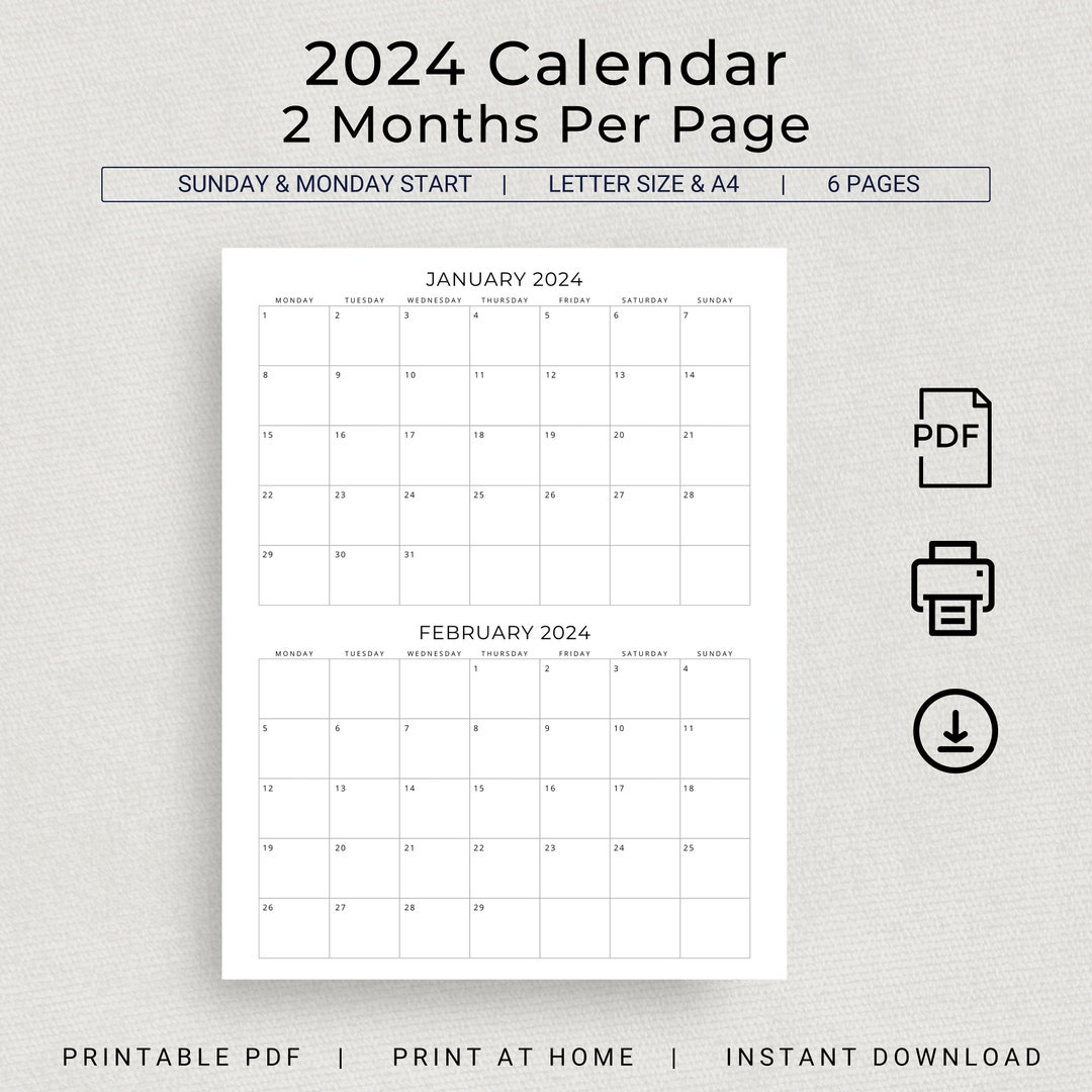 2024 2 Monatskalender 2024 Planerkalender Wandkalender 2 Monate Pro Seite Monatskalender 2024 Organizer Minimalistischer Druckbarer Kalender - Etsy.de within 2 Month Printable Calendar For November December 2024