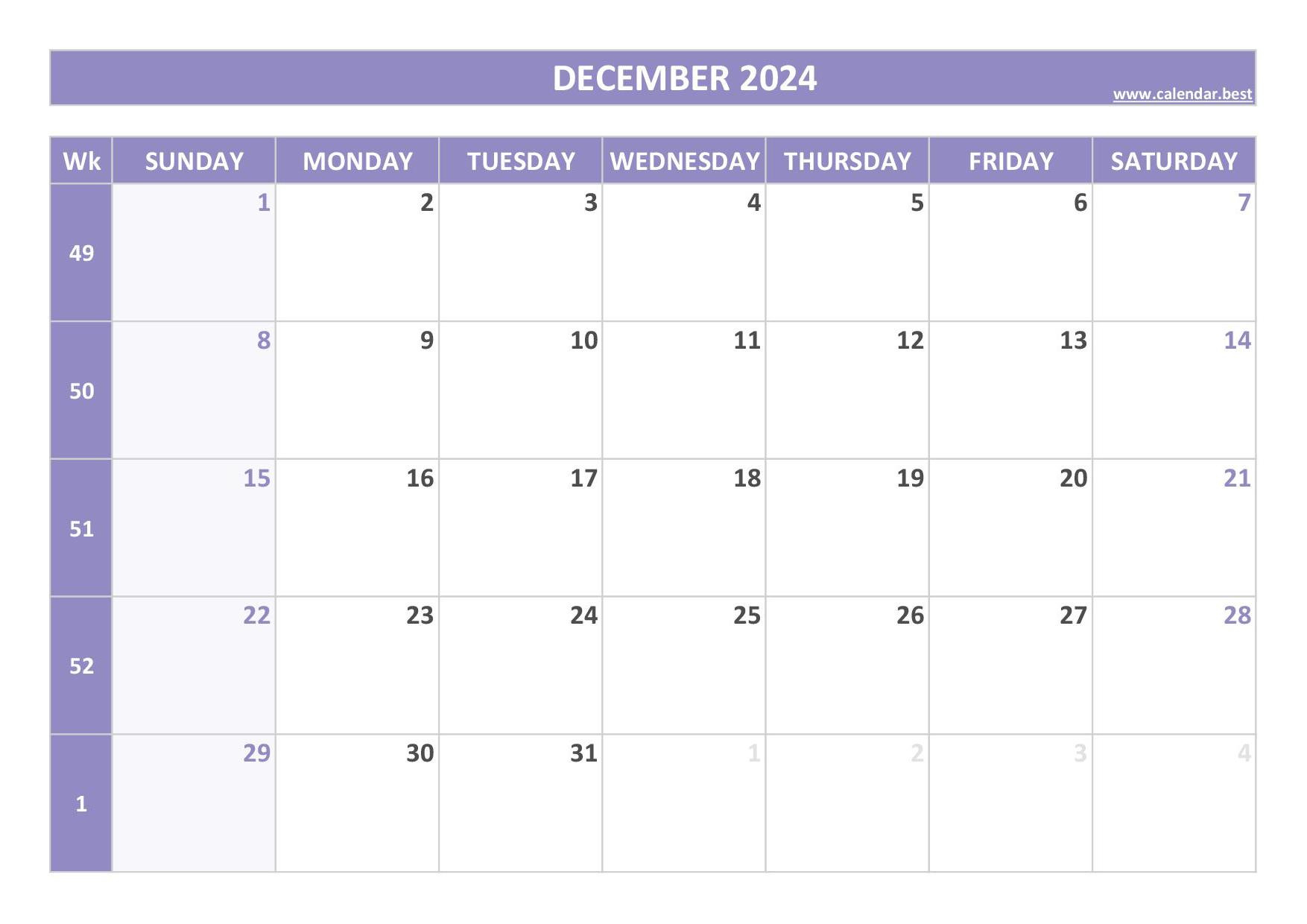 2024 Calendar With Week Numbers (Us And Iso Week Numbers) for 2024 December Calendar With Week Numbers Printable