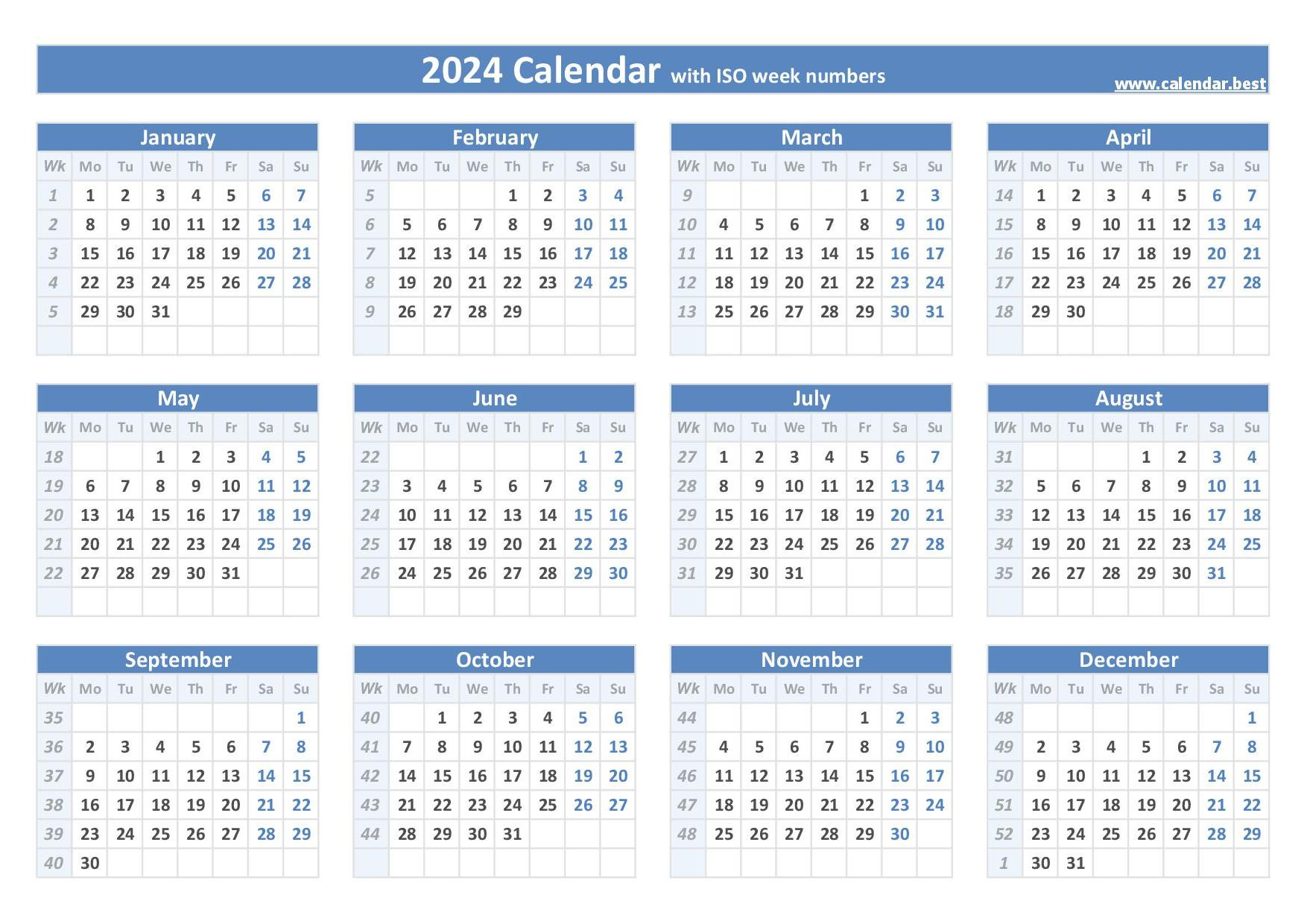 2024 Calendar With Week Numbers (Us And Iso Week Numbers) with regard to 2024 December Calendar With Week Numbers Printable