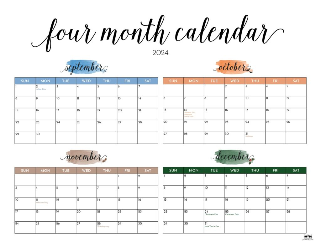 2024 Four Month Calendars - 18 Free Printables | Printabulls throughout Calendar 2024 September To December Printable