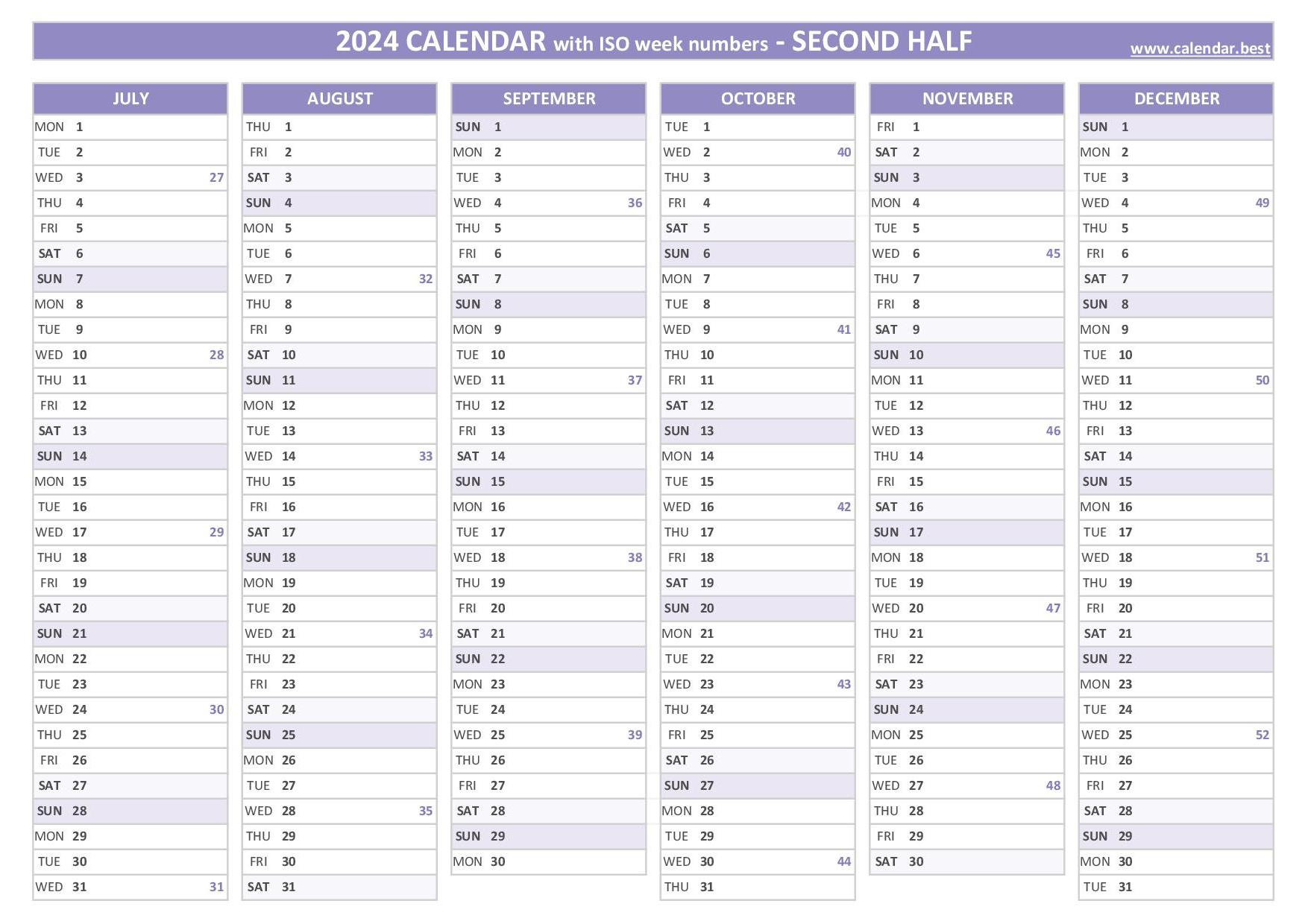 2024 Half Year Calendar To Print for Calendar 2024 From July To December Printable