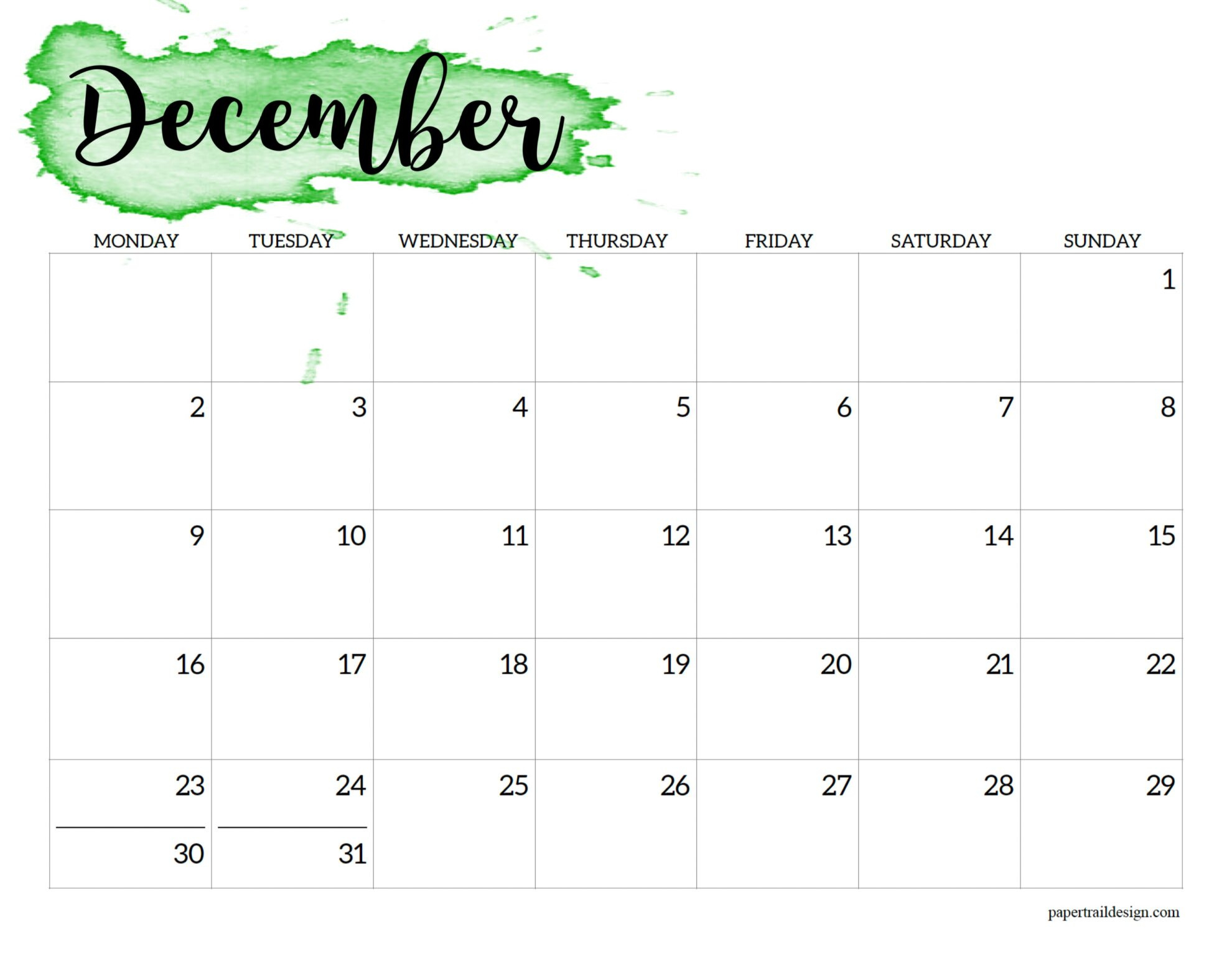 2024 Monday Start Calendar Printable - Watercolor - Paper Trail Design throughout December 2024 Calendar Printable Start On Monday