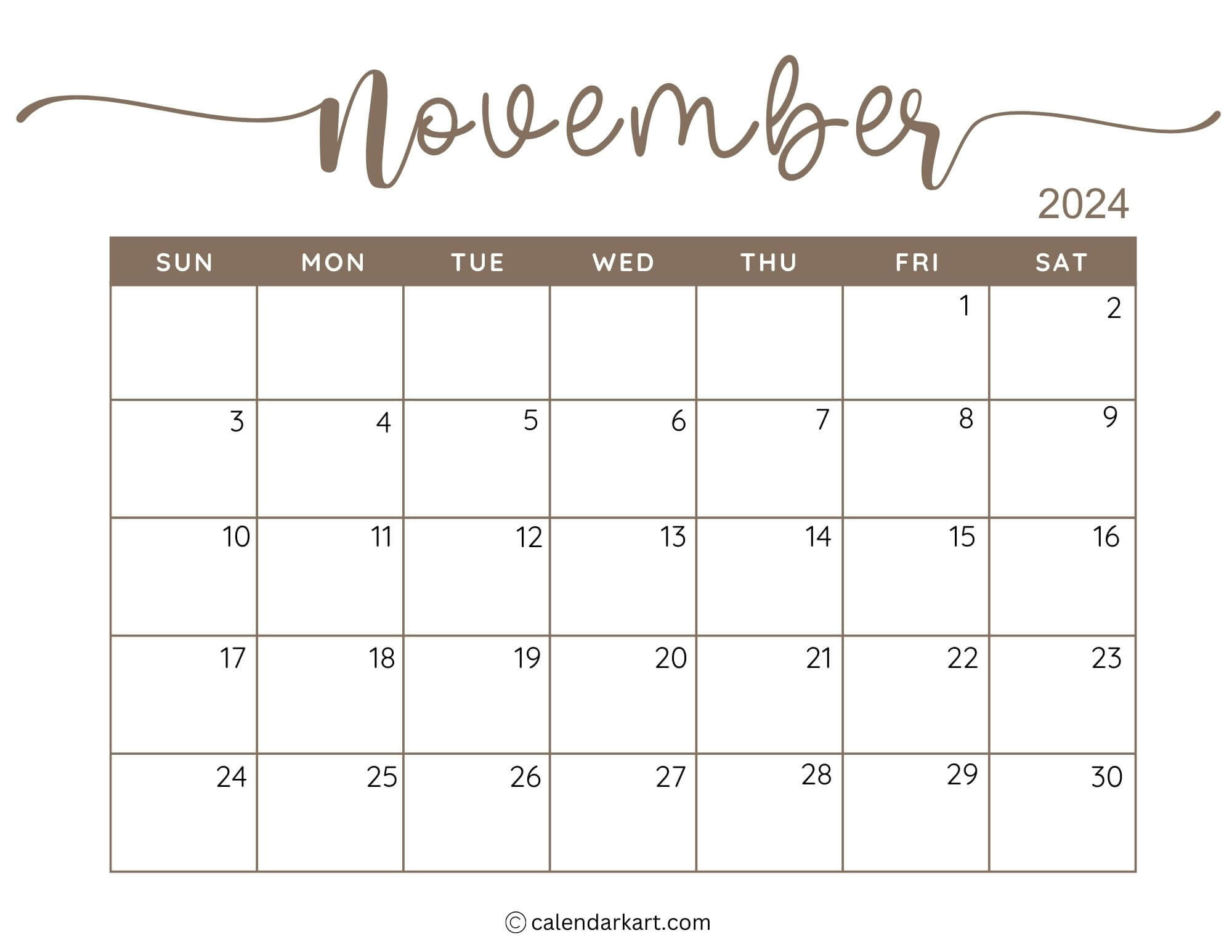 38 Printable November 2024 Calendars | Free Pdf - Calendarkart with regard to Calendar November December 2024 Printable Without Download