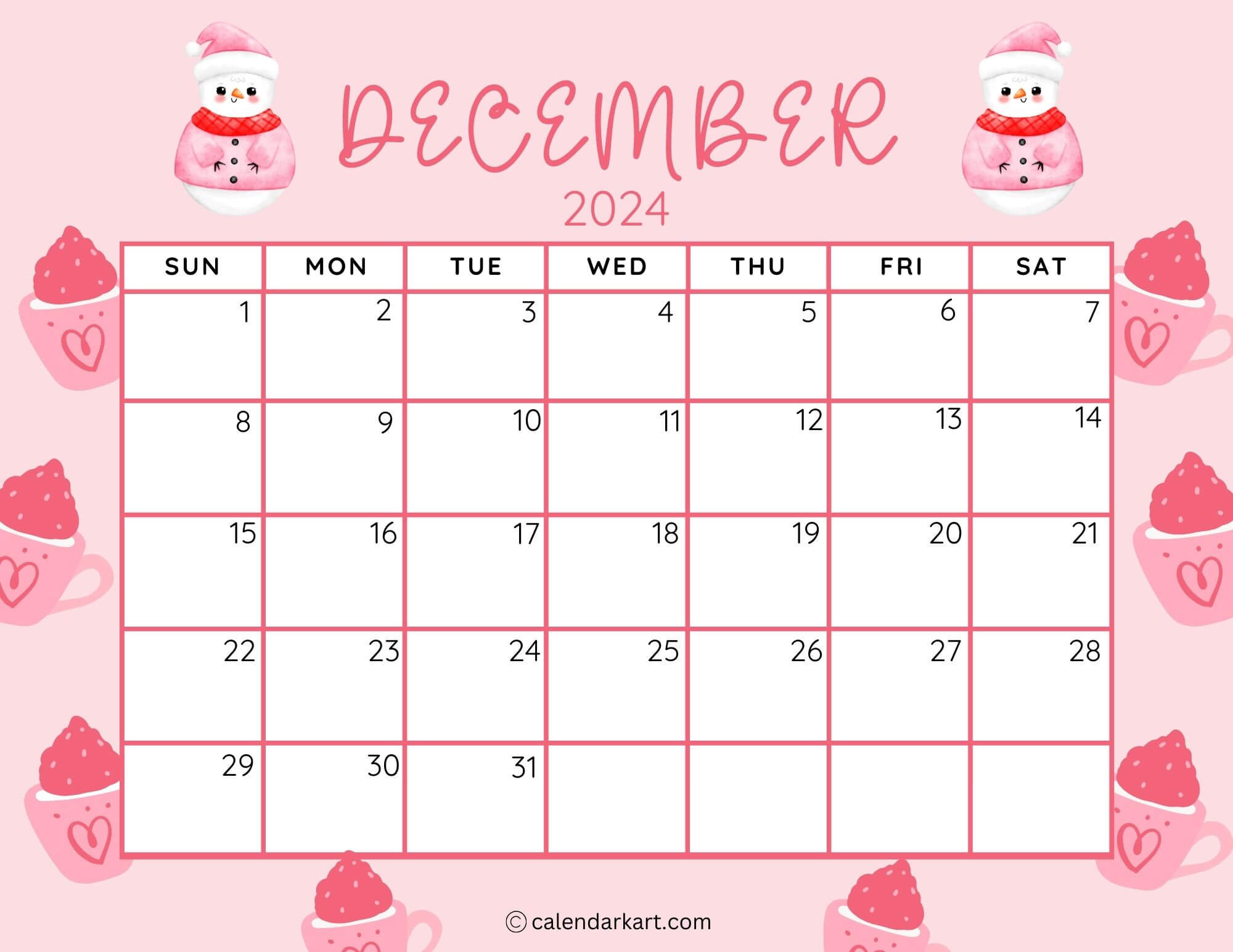 40 Printable December 2024 Calendars | Free Pdf - Calendarkart for Cute December 2024 Printable Calendar