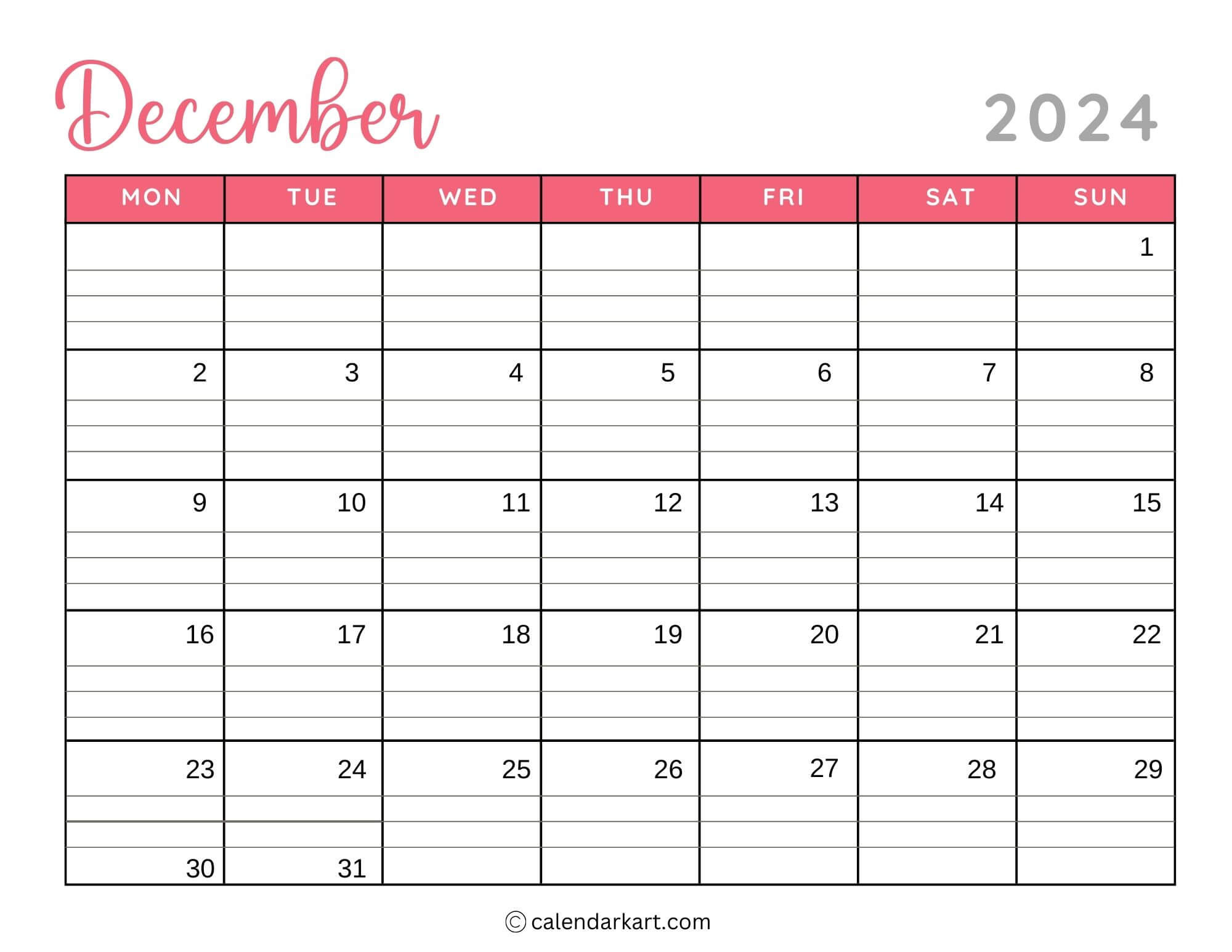 40 Printable December 2024 Calendars | Free Pdf - Calendarkart in Calendar Showing March December 2024 Printable