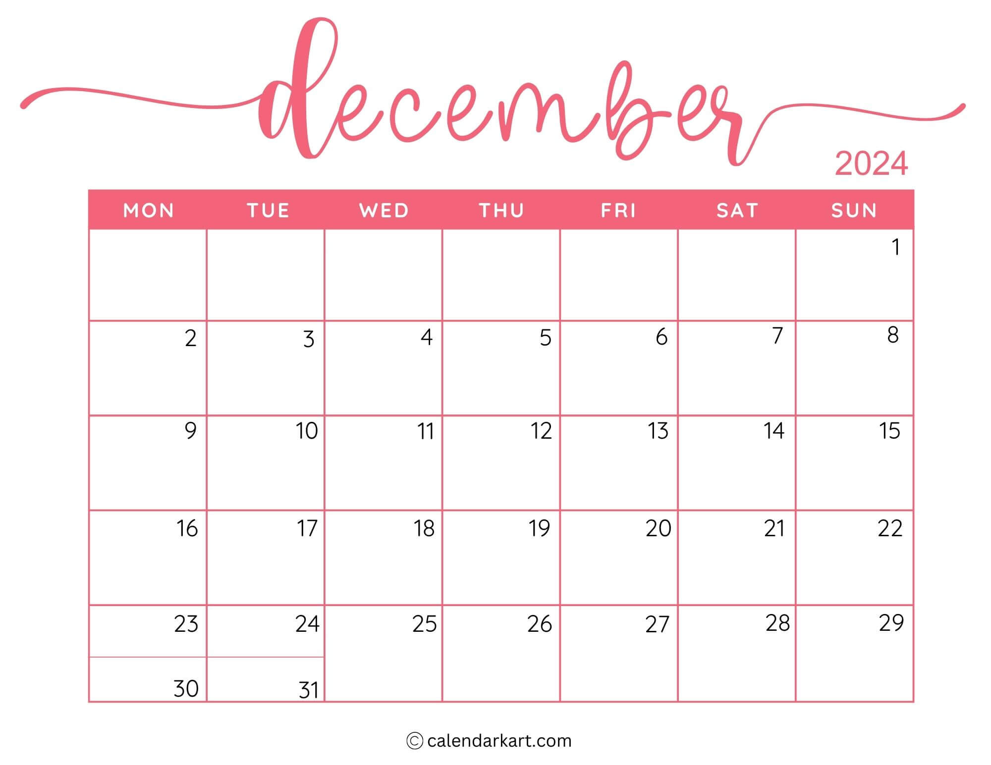 40 Printable December 2024 Calendars | Free Pdf - Calendarkart intended for Calendar 2024 December Printable Mon-Sun