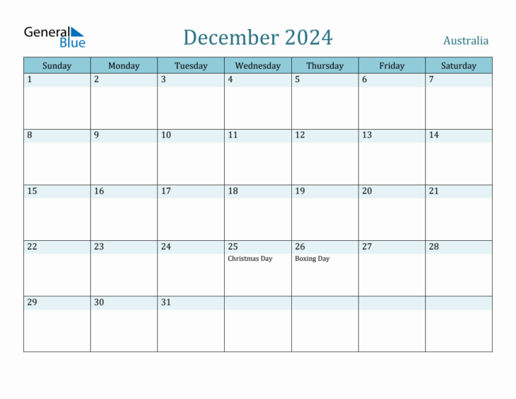 December 2024 Printable Calendar Australia