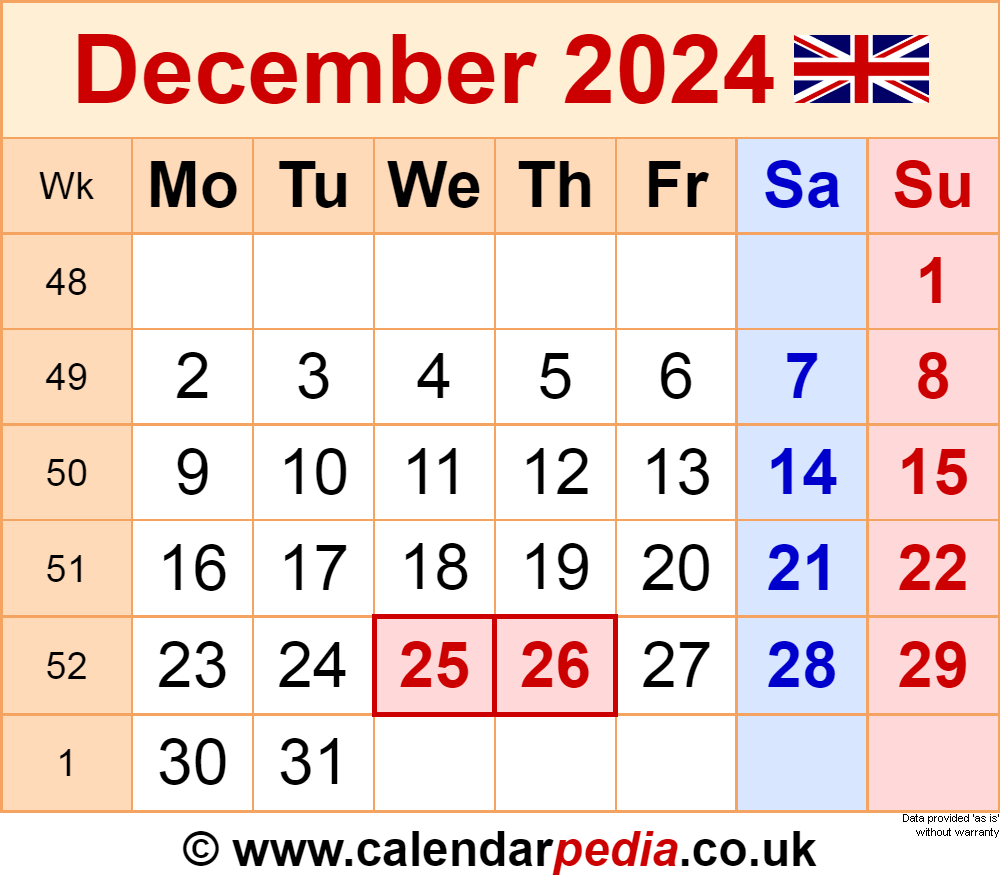 Calendar December 2024 Uk With Excel, Word And Pdf Templates intended for Calendar 2024 December Uk Printable