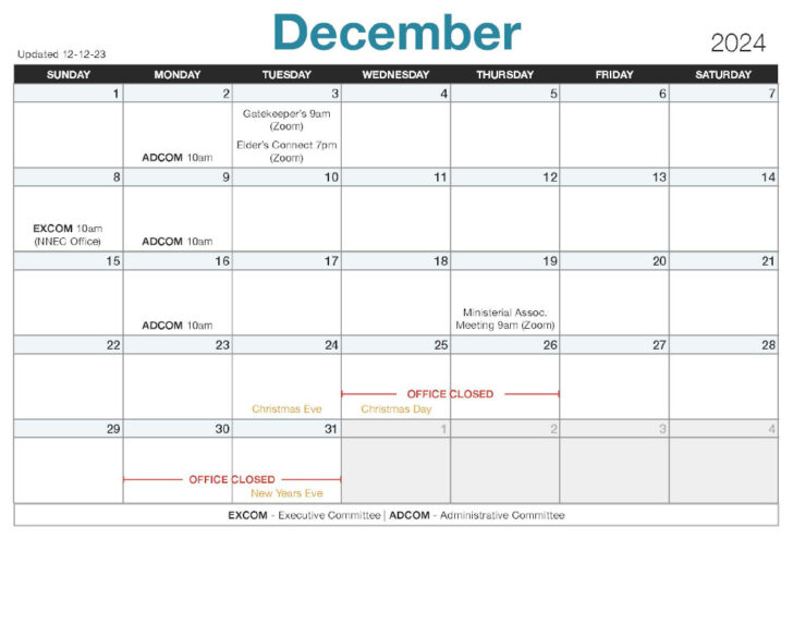 2024 December Printable Adventist Calendar 2024