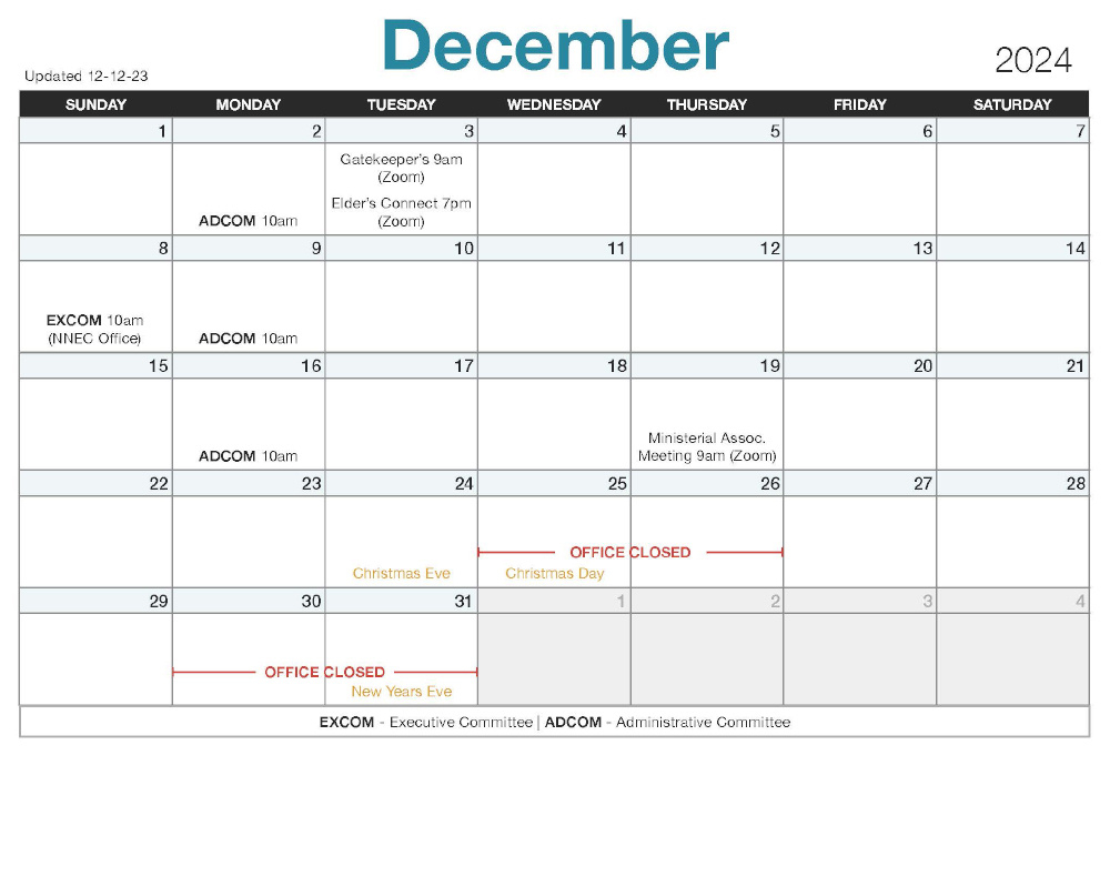 Calendar inside 2024 December Printable Adventist Calendar 2024