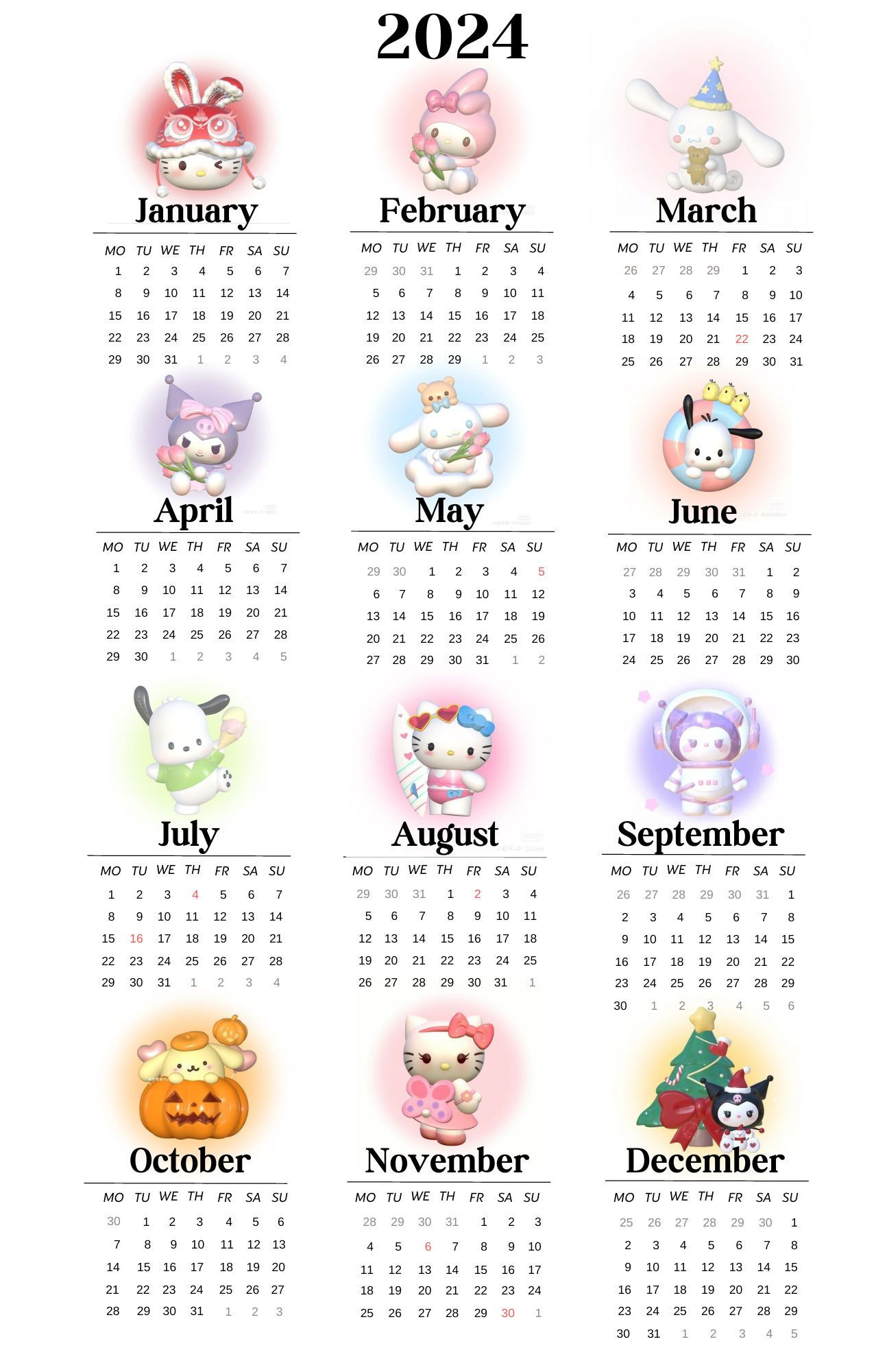 Cute Sanrio Yearly 2024 Calendar Poster inside December 2024 Hello Kitty Calendar Printable