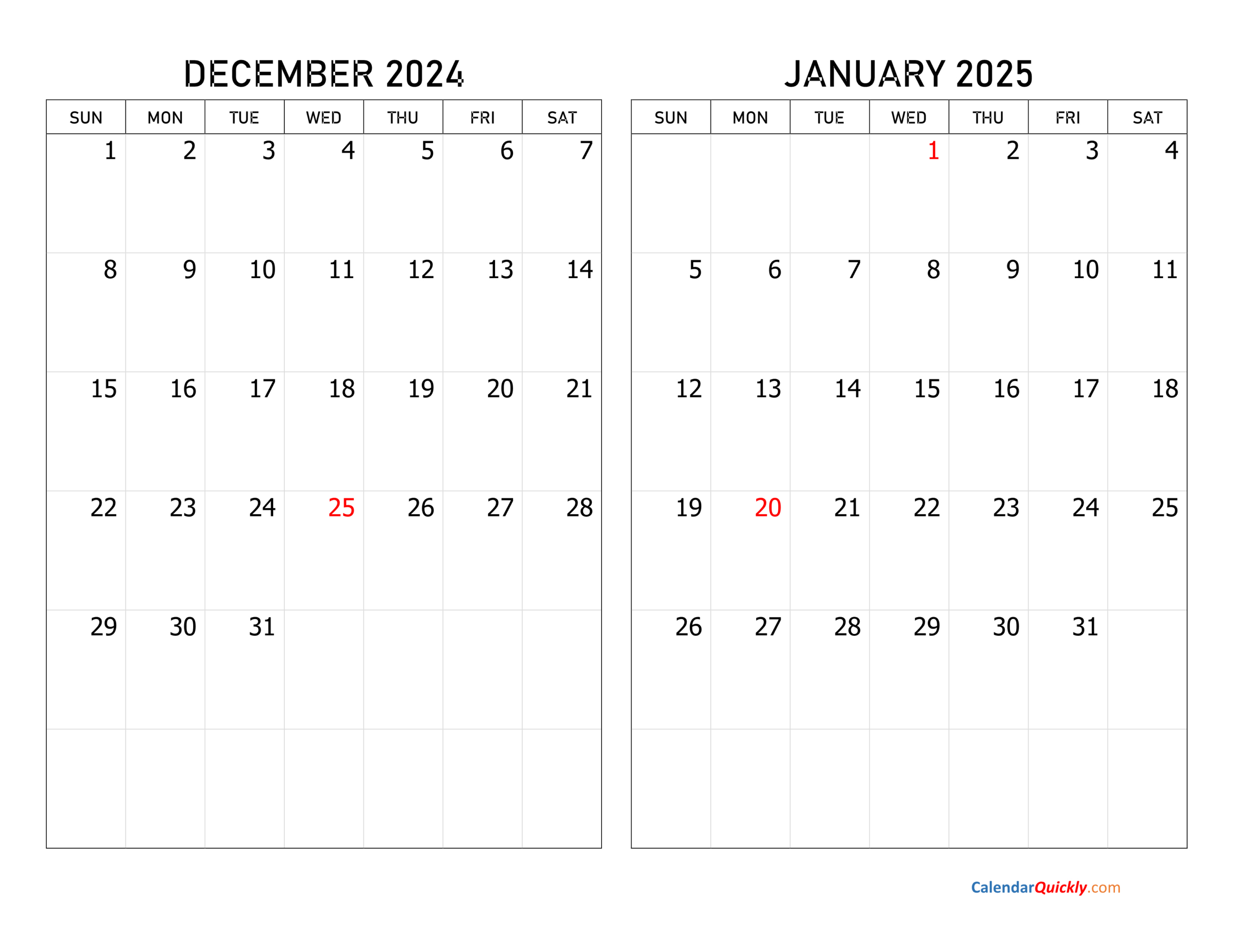 December 2024 And January 2025 Calendar | Calendar Quickly for December 2024 - January 2025 Calendar Printable