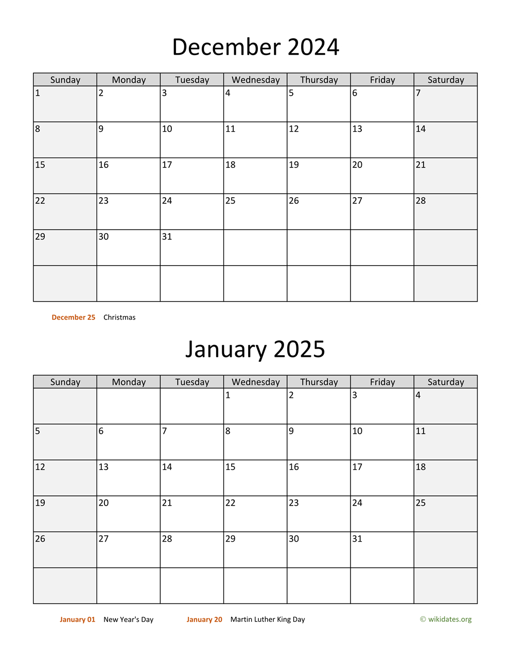 December 2024 And January 2025 Calendar | Wikidates for Calendar 2024 Printable January-December