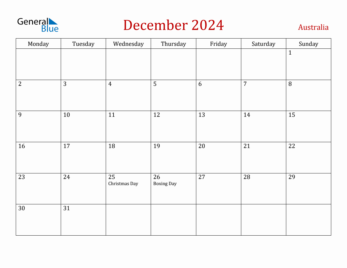 December 2024 Australia Monthly Calendar With Holidays intended for Calendar December 2024 Australia Printable