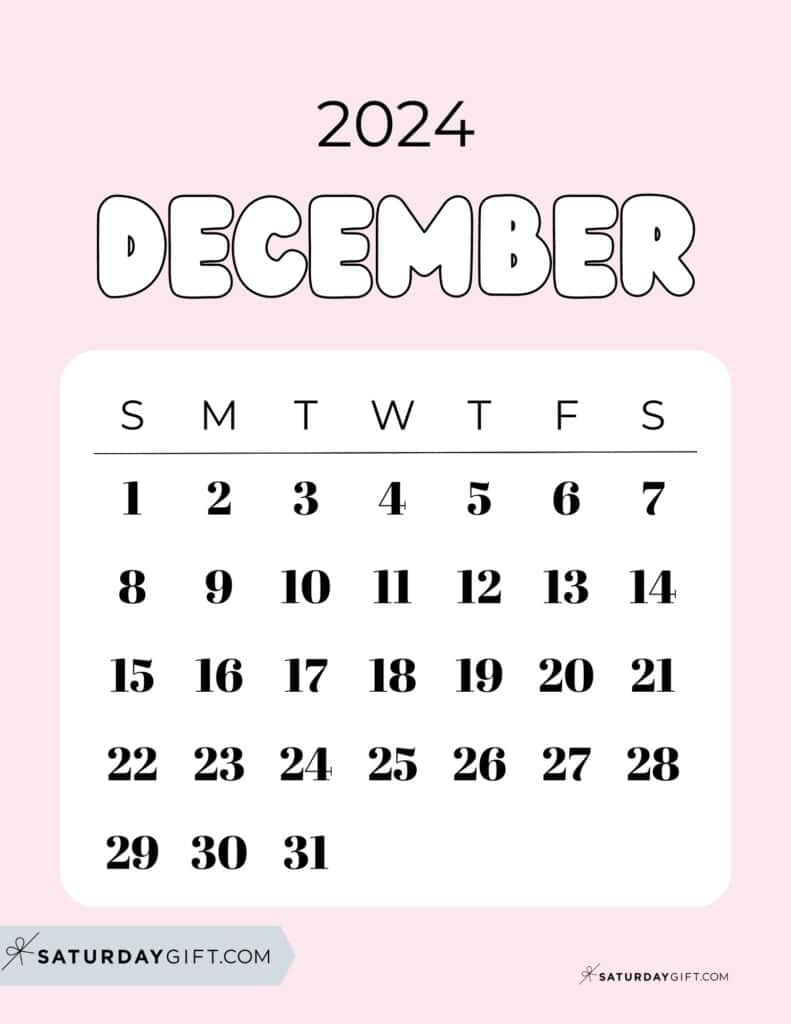 December 2024 Calendar - 20 Cute &amp;amp; Free Printables | Saturdaygift for Cute December 2024 Calendar Printable