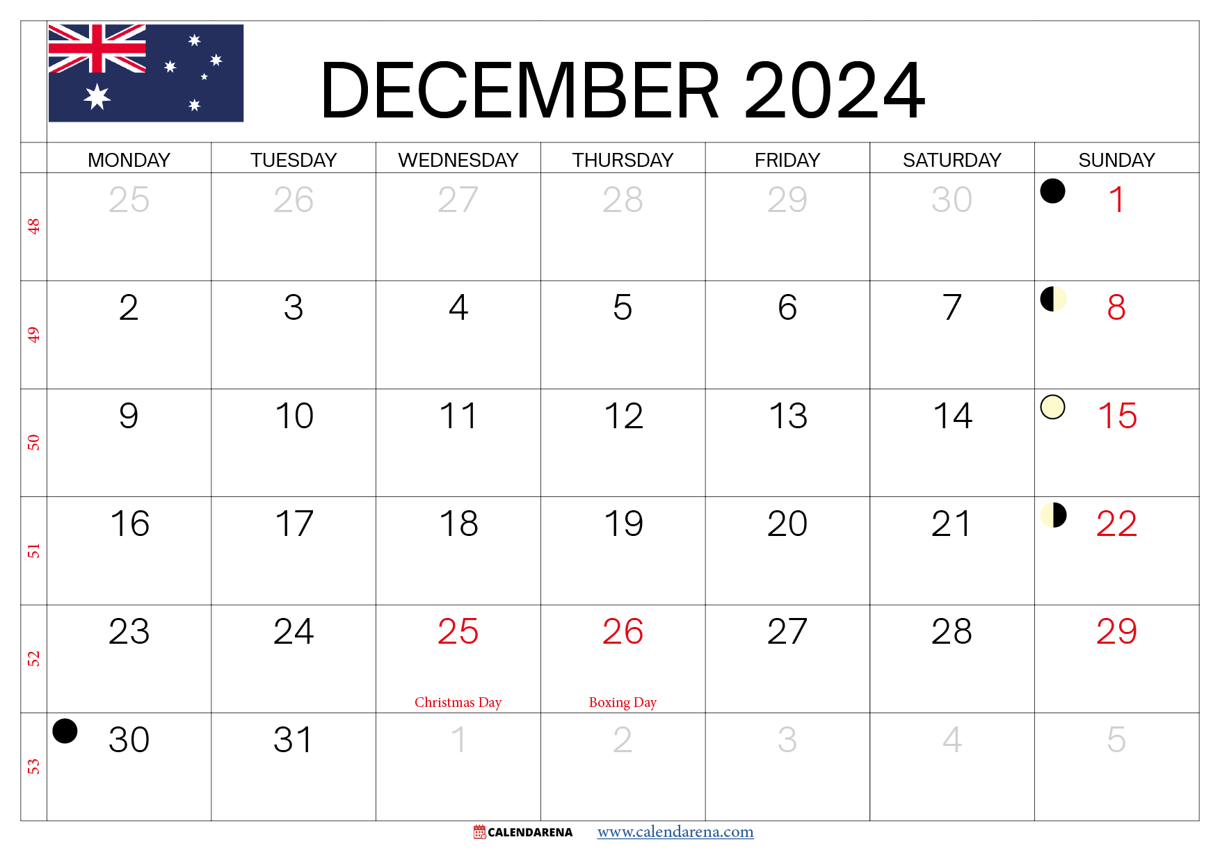 December 2024 Calendar Australia throughout Calendar December 2024 Australia Printable