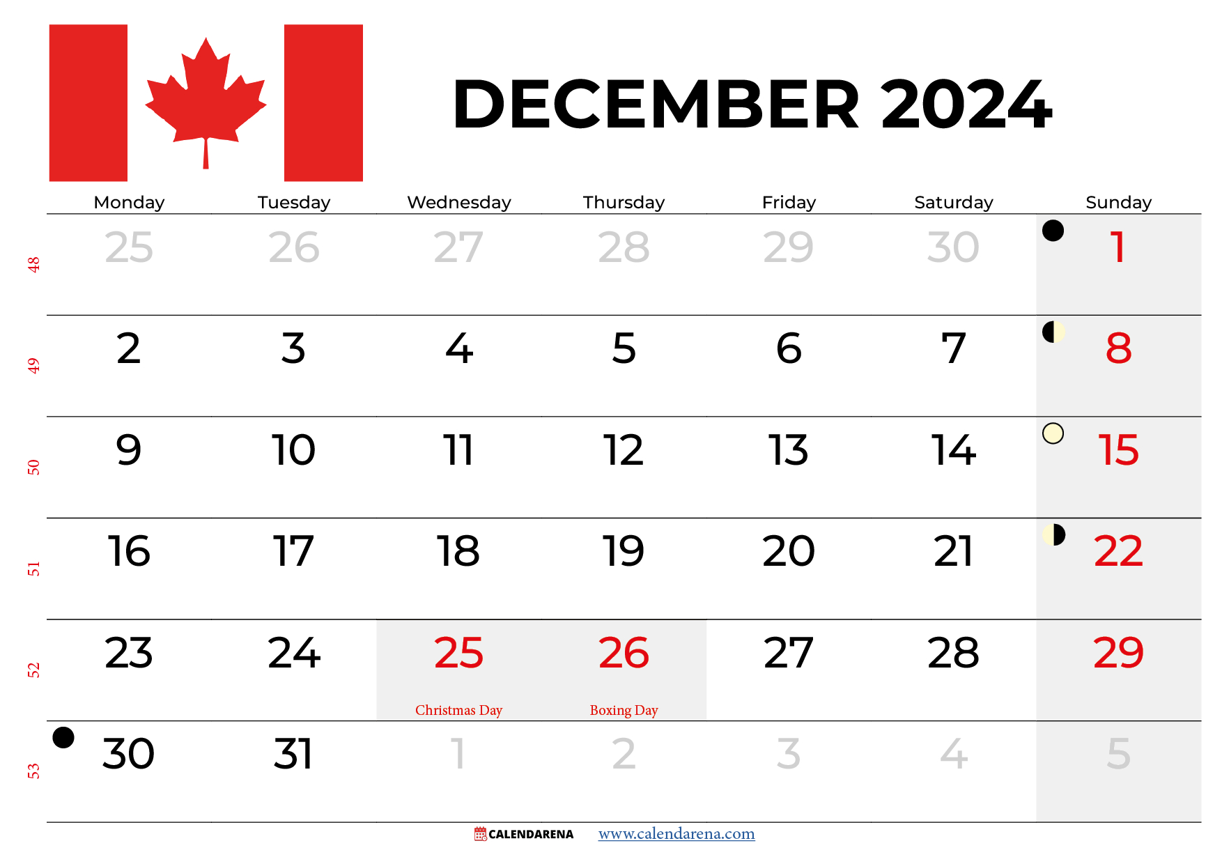 December 2024 Calendar Canada Printable with regard to December 2024 Calendar Canada Printable